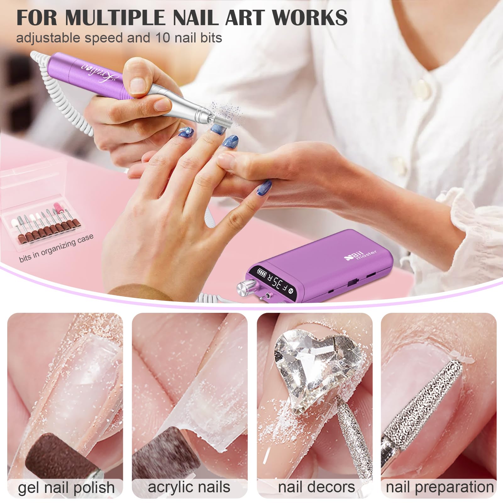 Kredioo Professional Nail Drill Kit - 35000RPM Rechargeable Electric Nail File Machine with 10 Bits Set for Acrylic & Gel Polish Removal | Salon Quality Manicure Tools | Portable for Home & Professional Use (Purple)