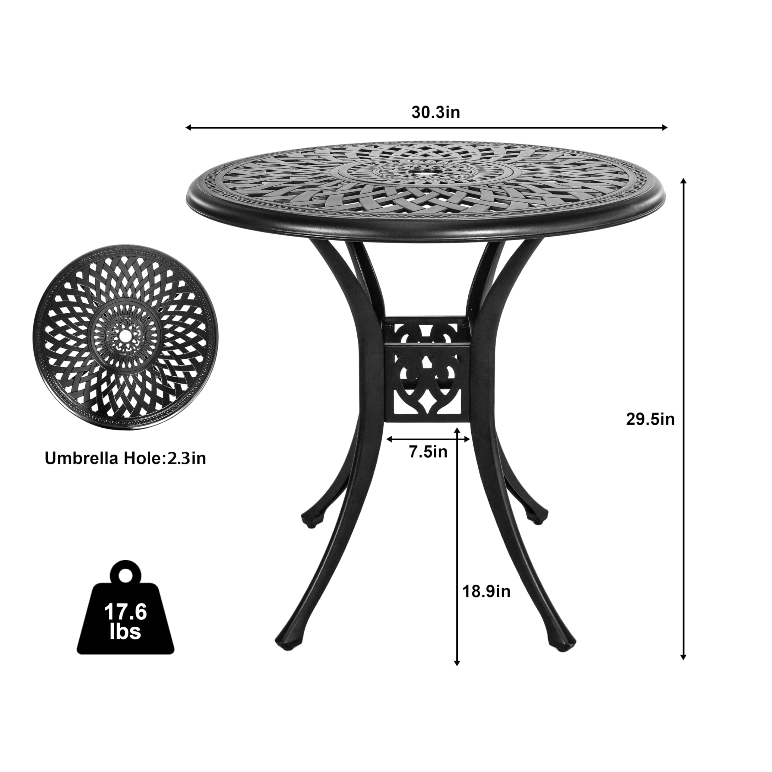 30.3 Inch Round Outdoor Patio Dining Table - Heavy Duty Cast Aluminum All-Weather Metal Bistro Table with Umbrella Hole - Perfect for Backyard, Garden, Balcony, Poolside & Outdoor Entertaining - Black