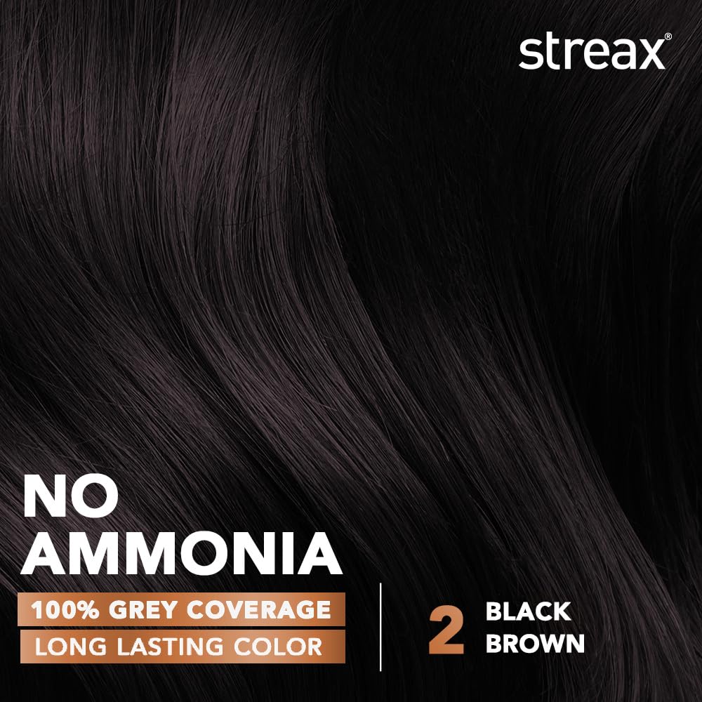 Streax Permanent Hair Color Cream for Women - 100% Gray Coverage with Argan & Walnut Oil - Long Lasting Brown Hair Dye (2 Black Brown, 120ml) - At-Home Salon Quality Hair Coloring for Vibrant, Natural-Looking Results