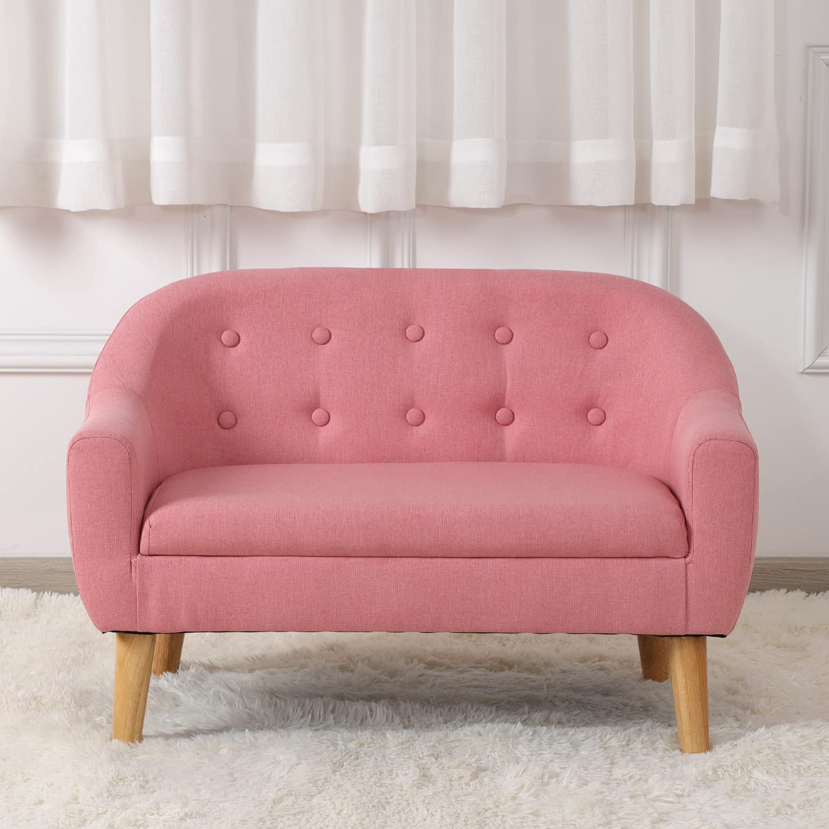 Koopo Kids Sofa - 30-Inch Pink Linen Fabric 2-Seater Upholstered Toddler Couch for Children | Perfect for Playroom, Nursery & Gift Giving
