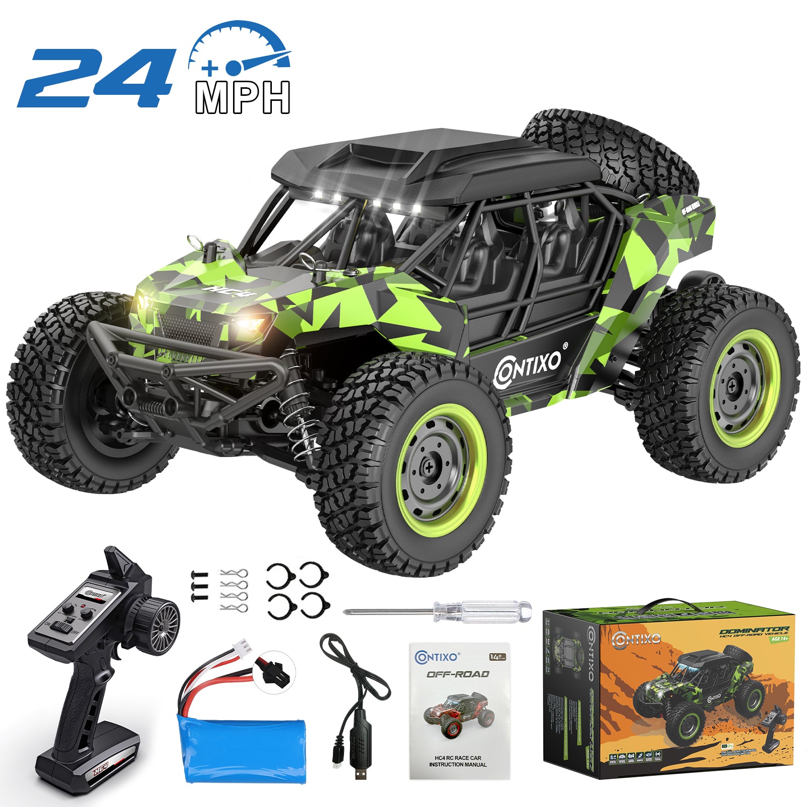 Contixo HC4 Dominator 1:16 Scale 4WD RC Off-Road UTV Monster Truck - Green | High-Speed Remote Control Car for Kids & Adults | Perfect for Backyard Racing, Off-Road Adventures & Indoor Play