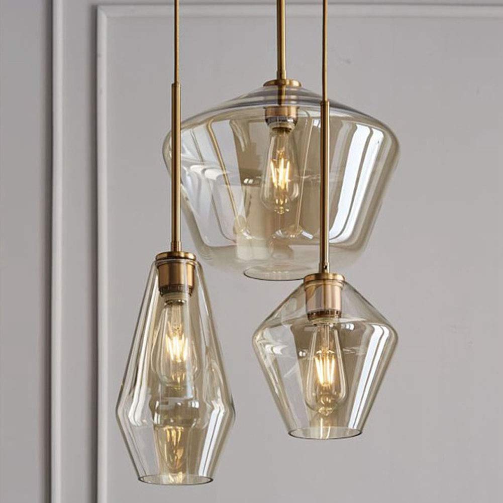 Modern Gold Chandelier Ceiling Light Fixture - 3 Amber Glass Lampshade Pendant Lighting for Kitchen Island, Dining Room, Living Room & Hotel | Flush Mount Hanging Lamp for Stylish Home & Commercial Spaces