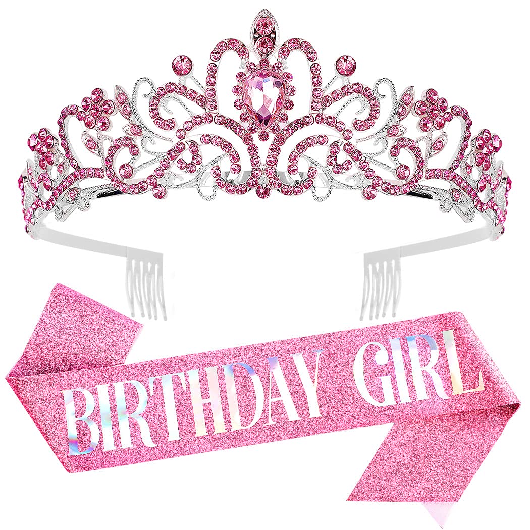 Elegant Pink Rhinestone Birthday Tiara & Sash Set for Women - Sparkling Birthday Crown, Girl's Party Accessories - Perfect for Birthday Celebrations, Bachelorette Parties & Special Occasions
