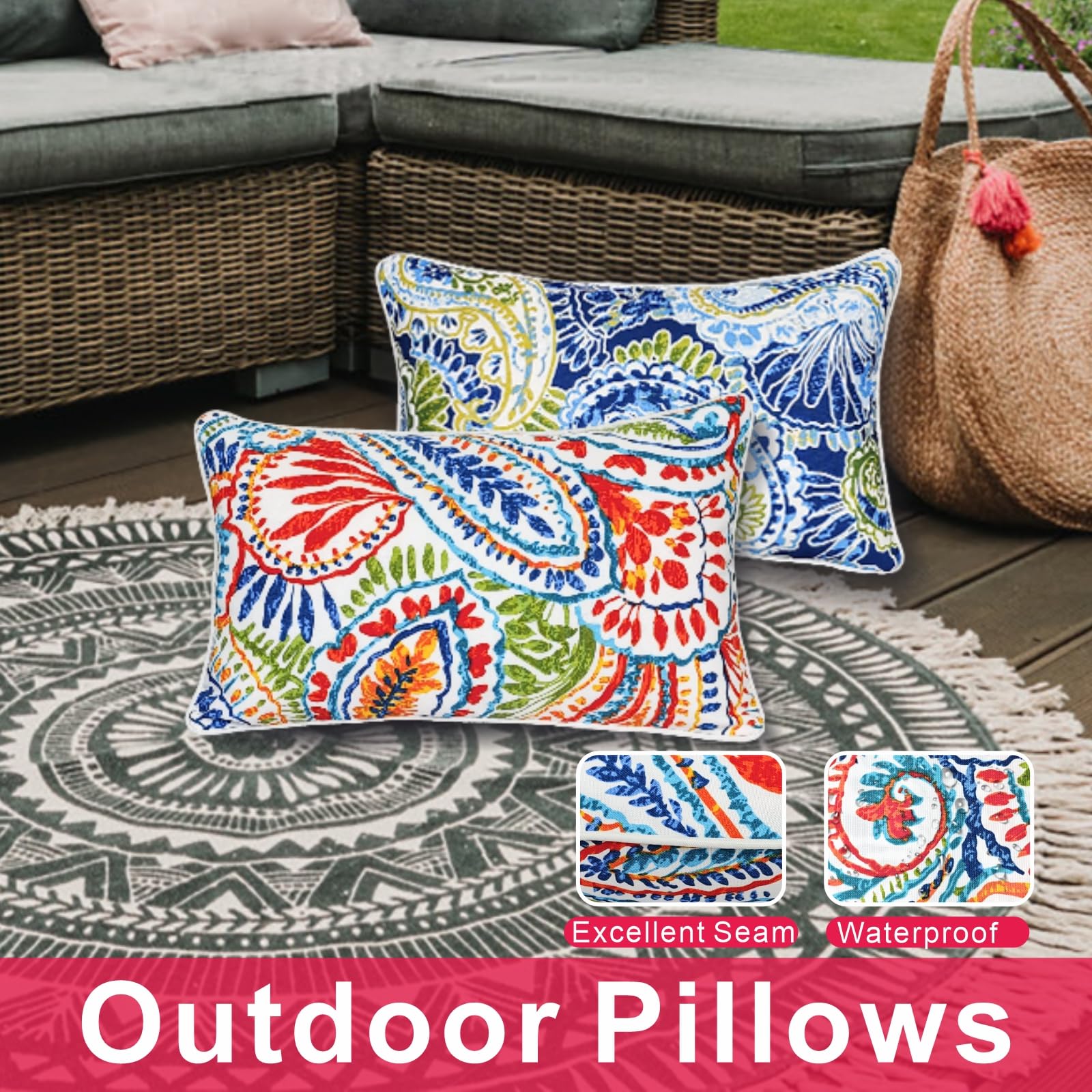 JMGBird Waterproof Outdoor Pillows Set of 2 - 12×20 Inch Lumbar Cushions with Insert for Patio Furniture, Garden Chairs, Poolside Lounging & Backyard Decor