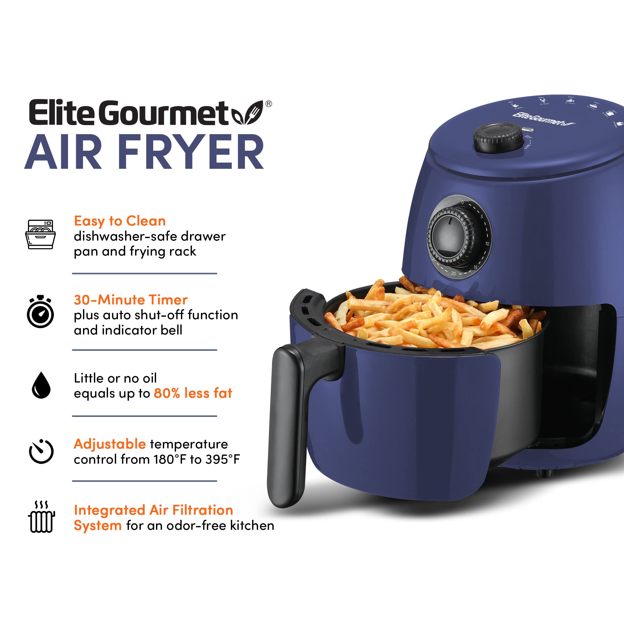Elite Gourmet EAF-0201BG 2.1 Quart Compact Electric Air Fryer - Oil-Free Healthy Cooking, 1000W, Timer & Temp Control, Space-Saving Design (Blue Gray) - Perfect for Small Kitchens, Dorms & Healthy Meal Prep