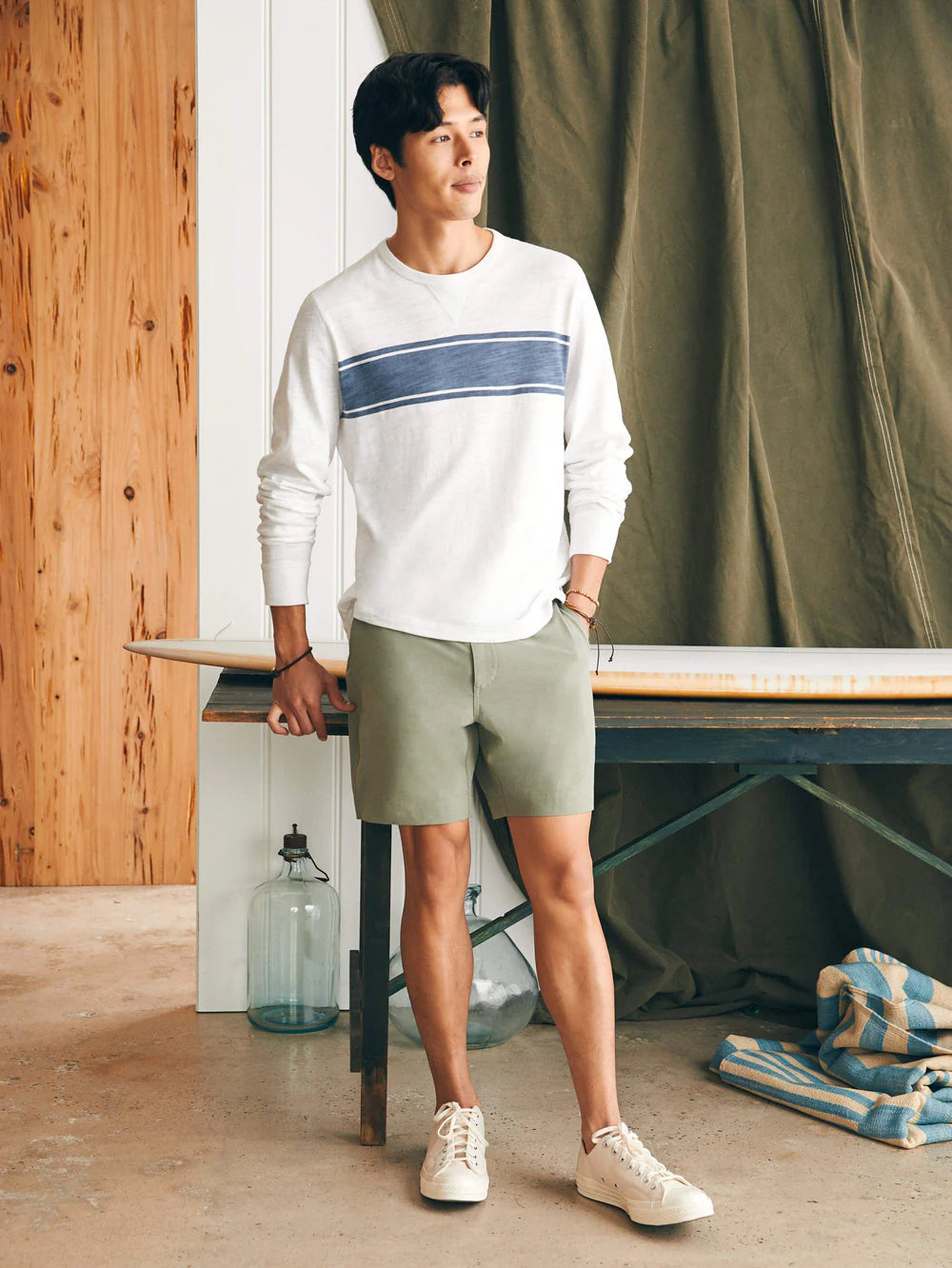 Faherty Sunwashed Long Sleeve T-Shirt for Men - Soft Cotton Crewneck Tee with Surf Stripe Design | Casual Beachwear, Outdoor Activities & Everyday Comfort
