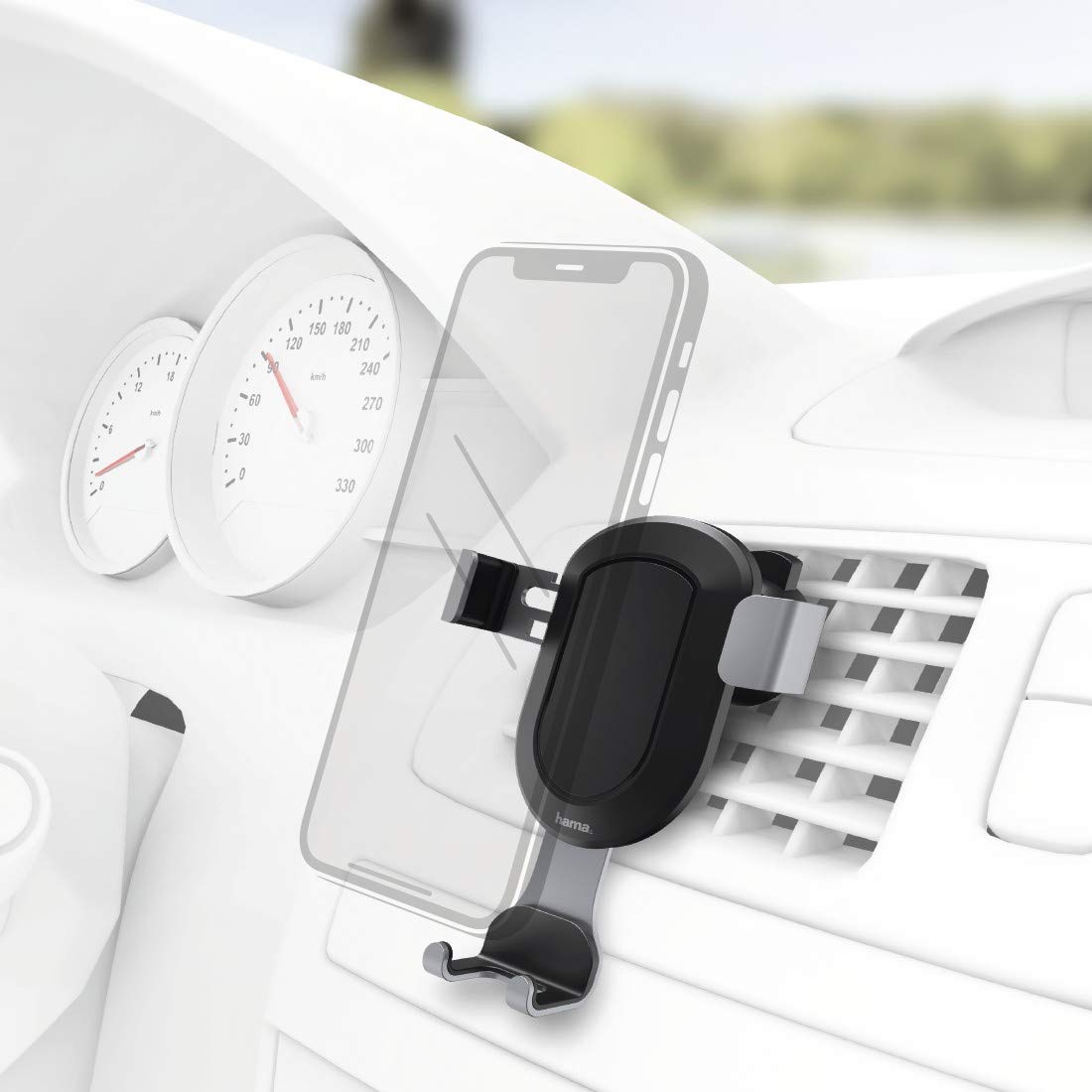 Hama Gravity Universal Car Phone Holder - Adjustable 5.5-8.5cm Width, 58g Air Vent Mount for iPhone & Android (Black/Grey) | Perfect for GPS Navigation & Hands-Free Driving