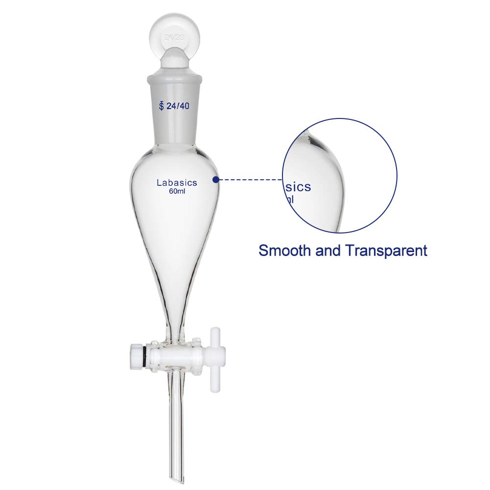Labasics 60ml Borosilicate Glass Conical Separatory Funnel with PTFE Stopcock - Premium Lab Equipment for Chemical Extraction, Liquid Separation & Essential Oil Distillation (Perfect for Chemistry Labs, Home Brewing & DIY Essential Oils)