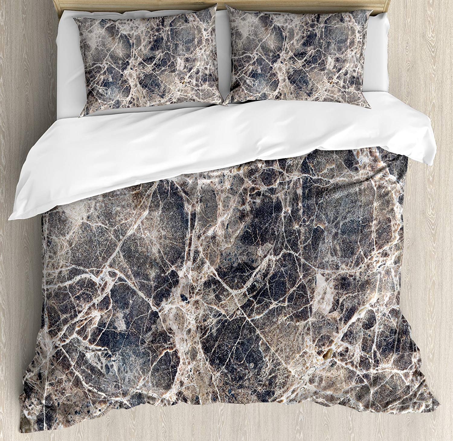 3 Piece Queen Size Marble Bedding Set - Ceramic Style Grunge Scratches with Abstract Lines & Cracks Artwork Duvet Cover + 2 Pillow Shams | Luxury Bedroom Decor for Modern Home & Guest Room