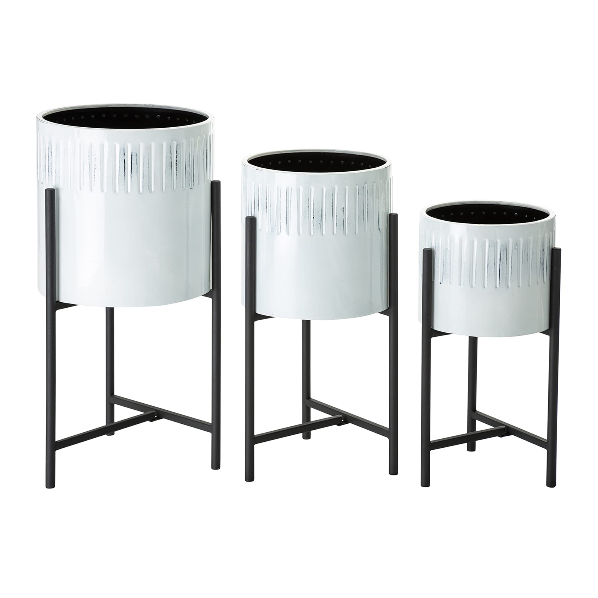 Glitzhome 3-Pack Mid-Century Modern Metal Plant Stand with Pots - Indoor/Outdoor Flower Pot Holder for Large Potted Plants (White) | Perfect for Living Room, Patio, Garden & Home Decor