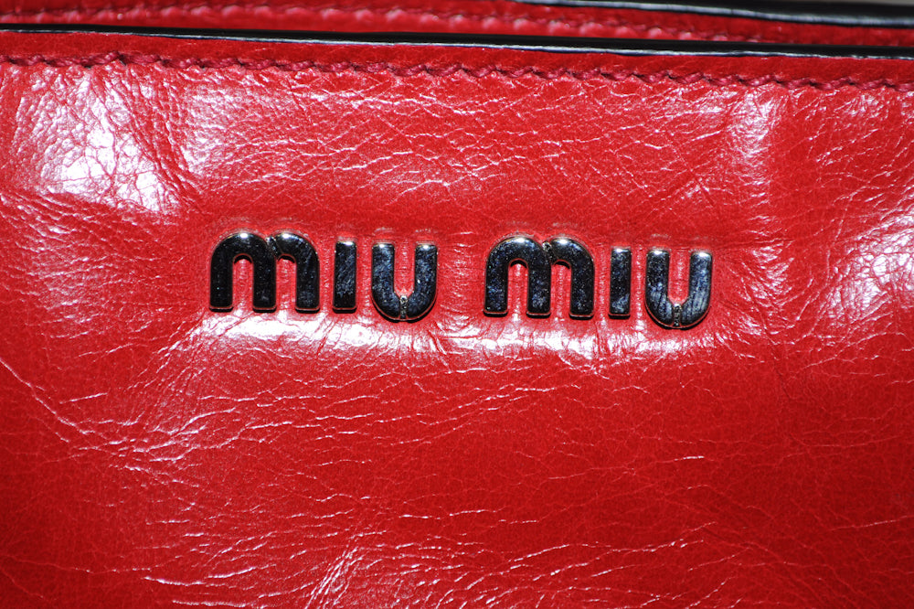 Authentic Miu Miu Red Calf Leather Top Handle Tote Bag for Women | Luxury Glazed Leather Shoulder Purse | Perfect for Work, Travel & Everyday Use