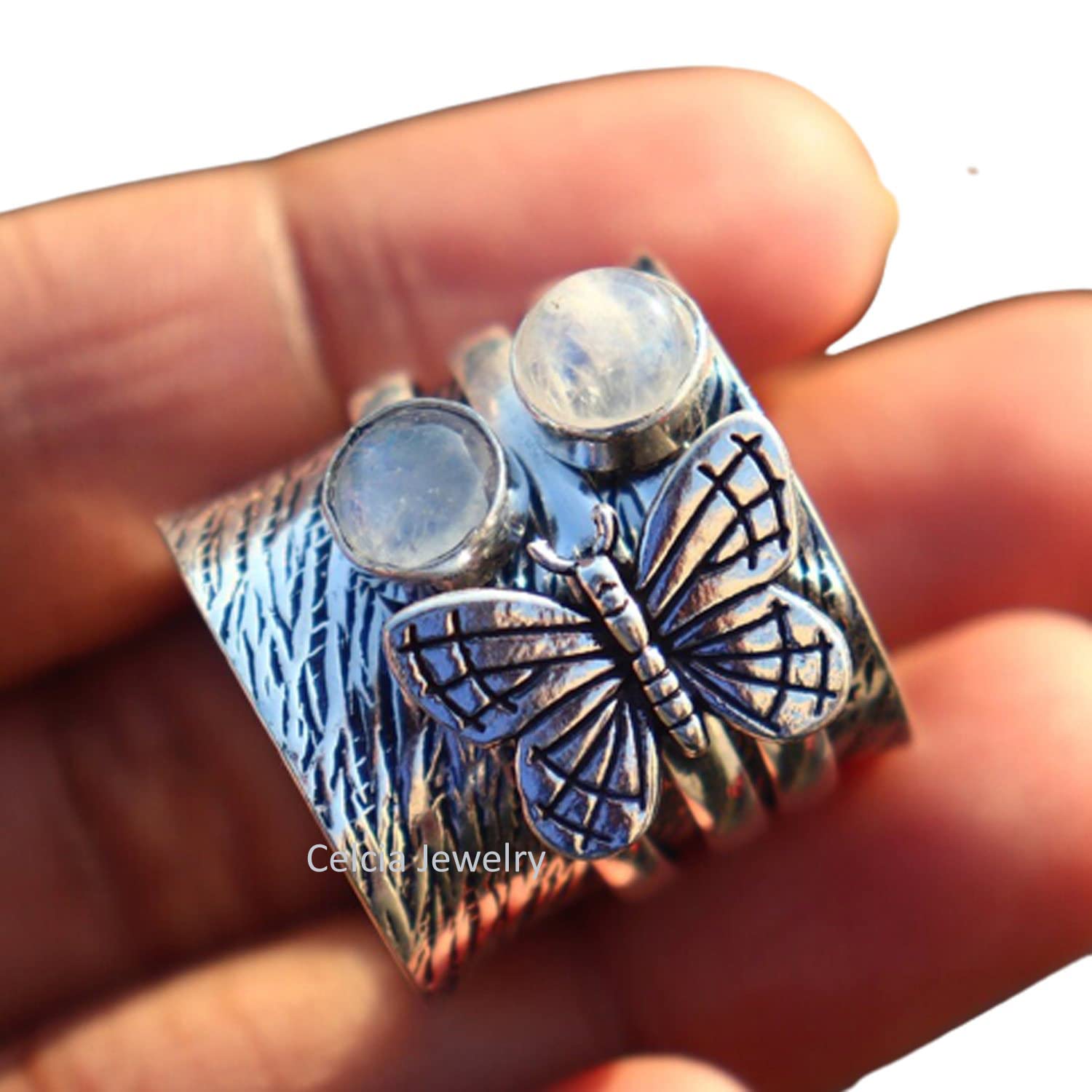 Moonstone Butterfly Spinner Ring - Handmade Double Gemstone Designer Jewelry for Women | June Birthstone Ring | Meditation & Stress Relief | US Size 7 | Perfect for Yoga, Gift Giving & Spiritual Healing