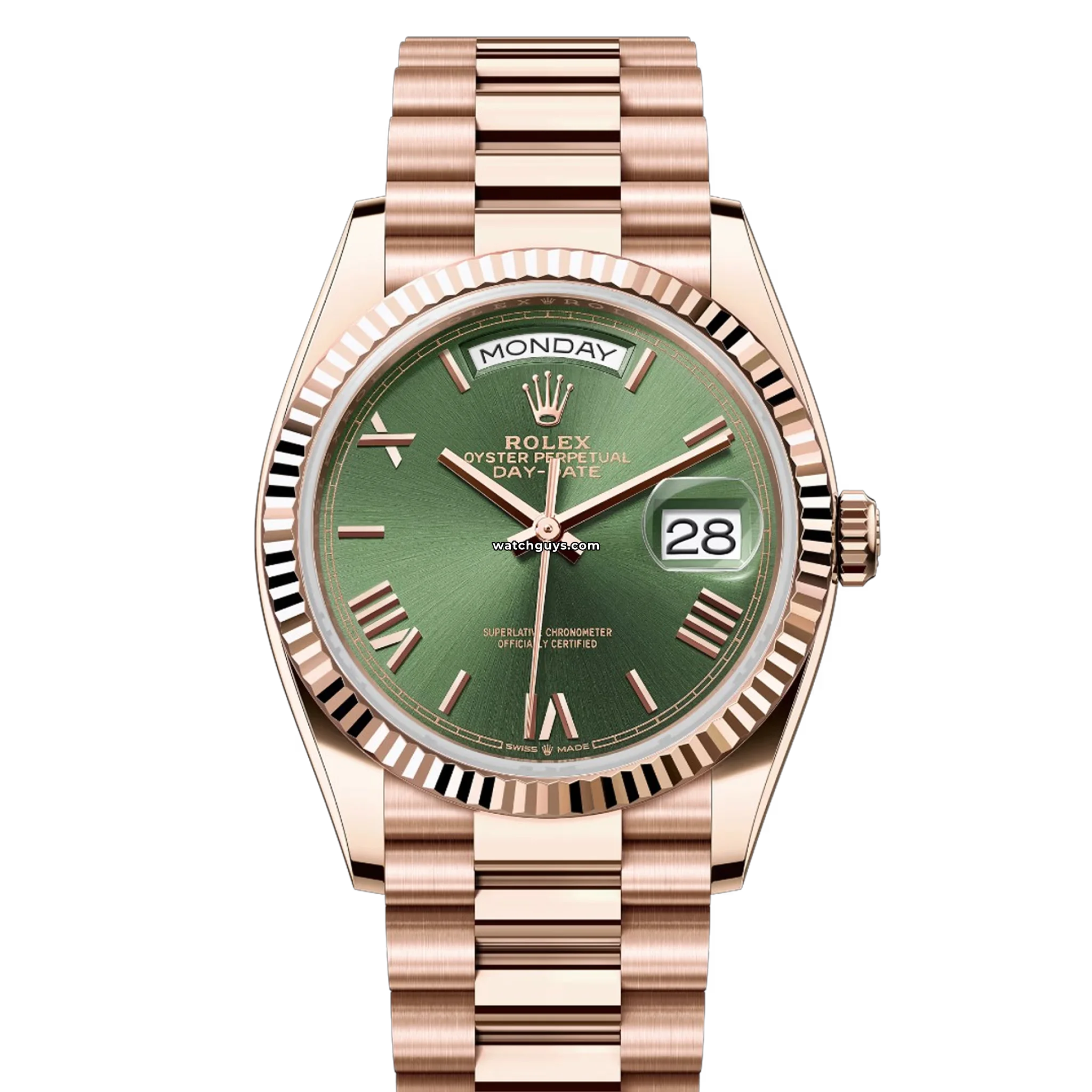 Rolex Day Date 128235 18K Yellow Gold Men's Watch with Olive Green Dial - Luxury Dress Watch for Business & Formal Occasions
