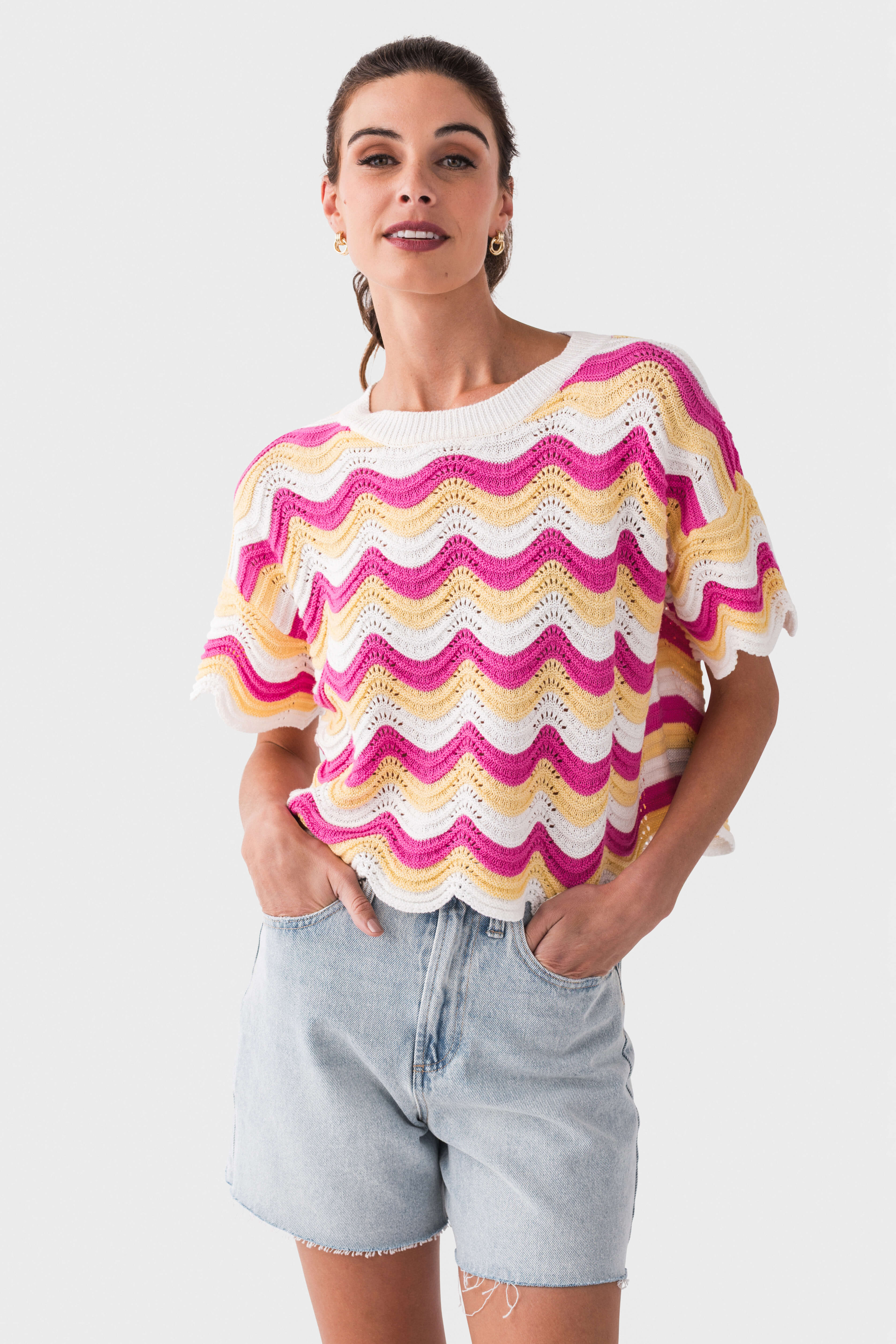Trendy Multi Stripe Wavy Crochet Top for Women - Boho Chic Summer Beachwear, Perfect for Vacations & Music Festivals