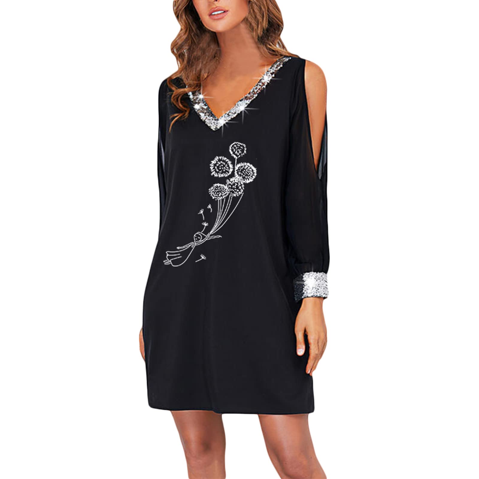Kingtowag 2022 Women's V-Neck Sequin Long Sleeve Printed T-Shirt Dress - Off Shoulder Party Dress for Graduation, Prom, Cocktail & Evening Events