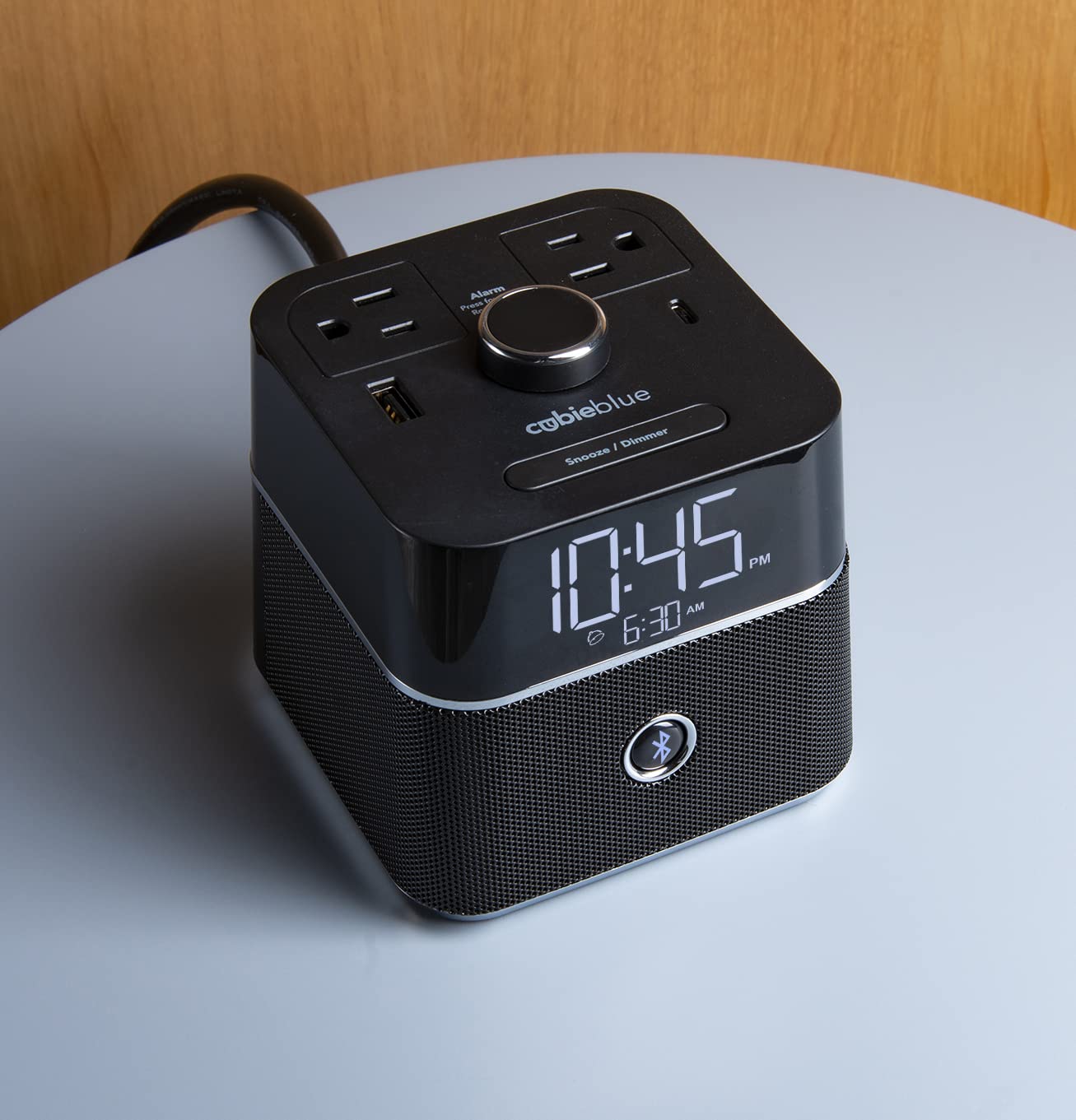 Brandstand CubieBlue - Smart Alarm Clock with Dual USB Charging Ports & Tamper-Resistant Outlets, Built-in Bluetooth Speaker for Bedroom, Office, Travel | Wake Up to Music & Charge Devices Simultaneously