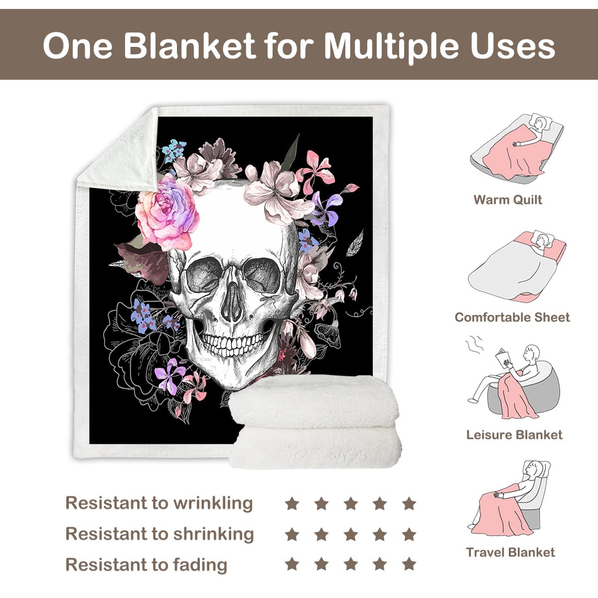 Sleepwish Fleece Throw Blanket - Skull Rose Sherpa Blanket for Women & Girls, Soft Fuzzy Black Pink Flower Blanket for Couch, Bed, Chair - Queen Size 90