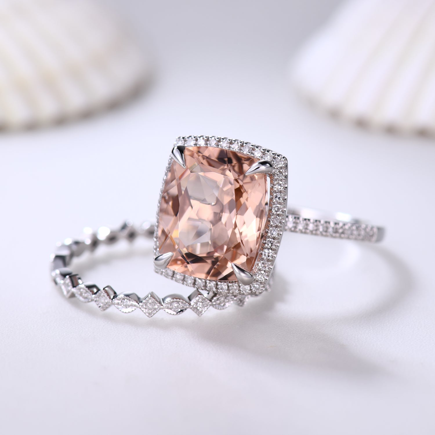 14K White Gold Cushion Cut Morganite Engagement Ring Set with Art Deco Diamond Band – Perfect for Proposals, Weddings & Anniversaries