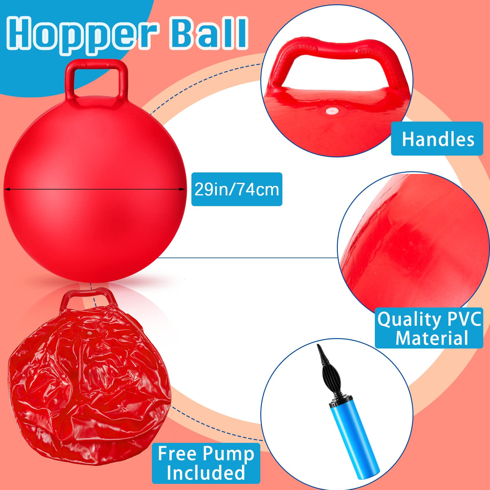 Lewtemi 3-Pack 29 Inch Bouncing Balls with Handles - Outdoor Hopper Jumping Balls for Kids & Adults - Includes Air Pump for Sports, School Games, Exercise (Red, Blue, Green) - Perfect for Playground, Gym Class, Backyard Fun & Physical Therapy