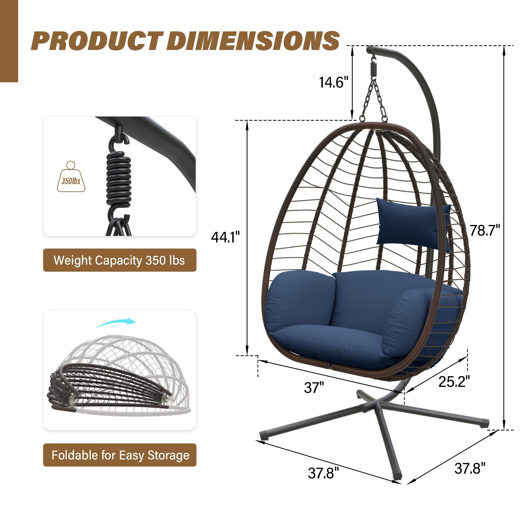 ALAULM Egg Swing Chair - Outdoor Indoor Wicker Rattan Hanging Chair with Stand, 350lbs Capacity, Strong Steel Frame & Dark Blue Cushions - Perfect for Patio, Balcony, Bedroom, Garden Relaxation and Boho Home Decor