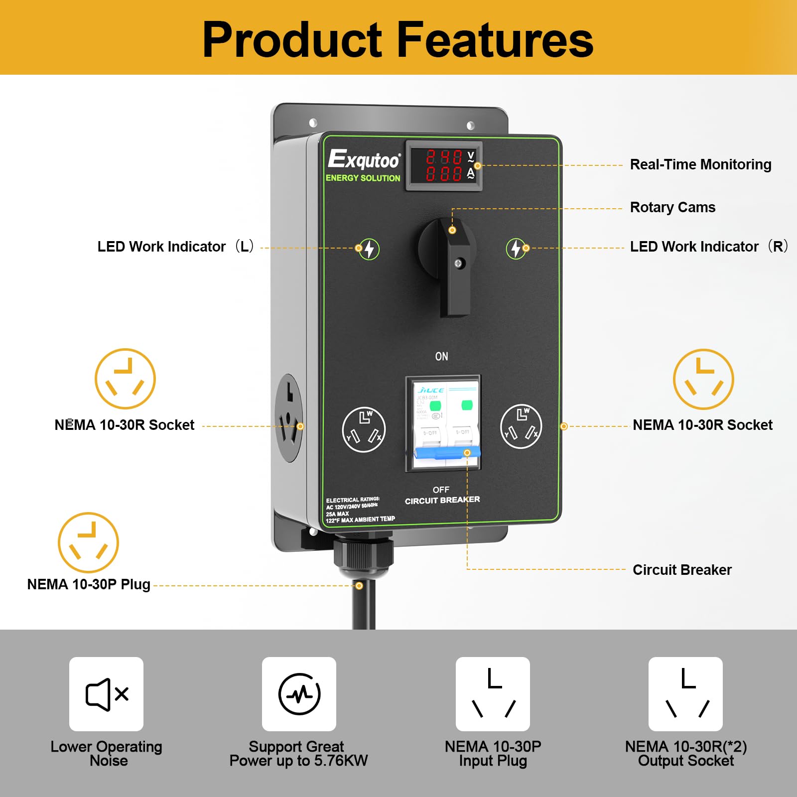 Manual Splitter Switch with Breaker - 3 Prong NEMA 10-30 Dual Socket Knob Selection Switch - 120/240V AC Selective Charging Switch - Perfect for Ovens, EV Chargers, Dishwashers & Garbage Disposals - Home & RV Electrical Solutions