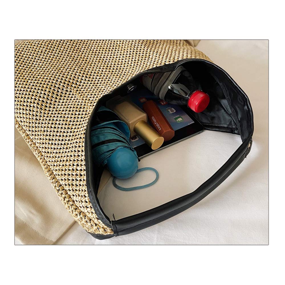 Boho Straw Tote Bag with Leather Handle - Beach & Travel