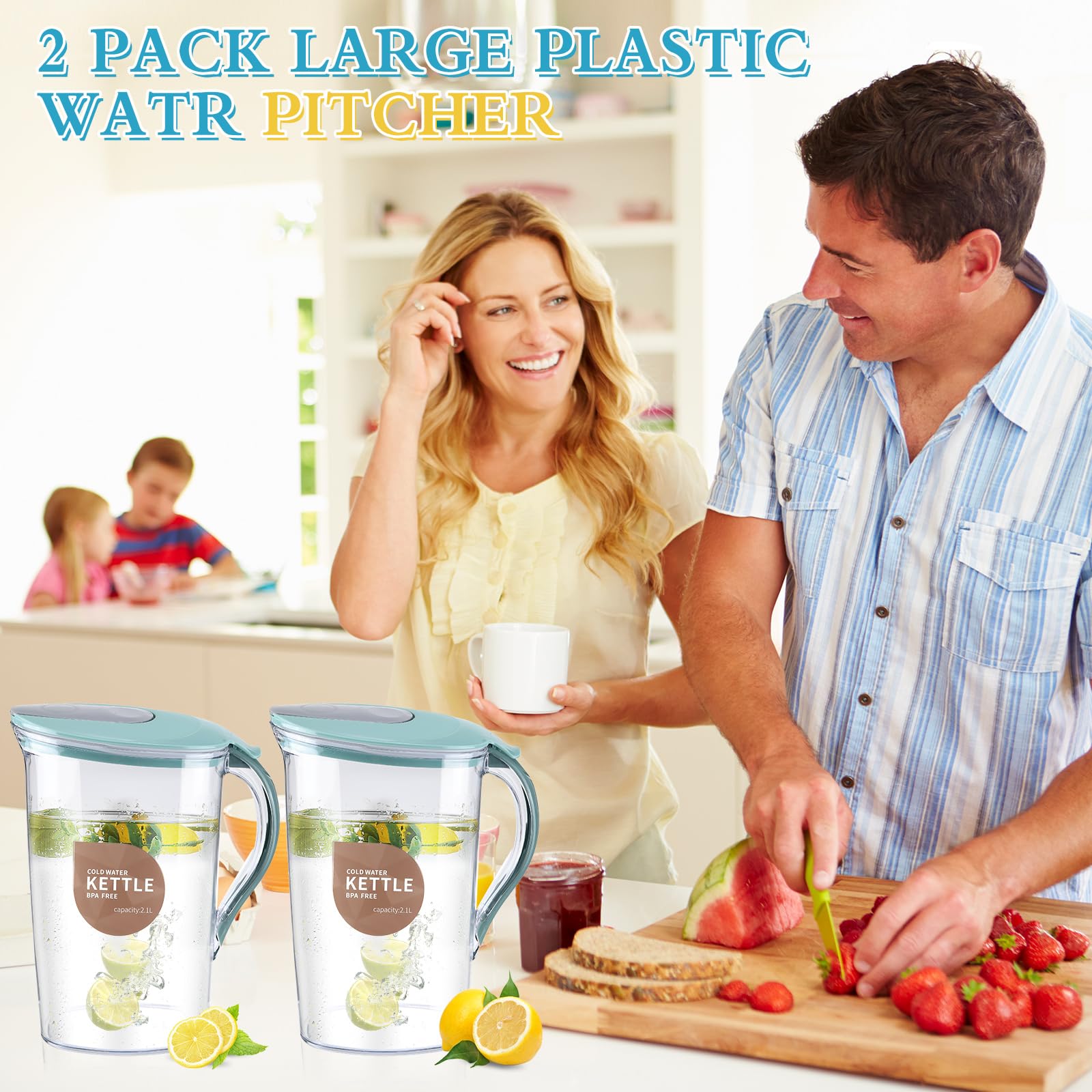 2 Pack 71 oz BPA-Free Plastic Water Pitcher with Lid - 0.56 Gallon Clear Beverage Dispenser for Refrigerator - Perfect for Cold Lemonade, Iced Tea, Juice & Hot Drinks - Ideal for Home, Office & Outdoor Use (Light Blue)