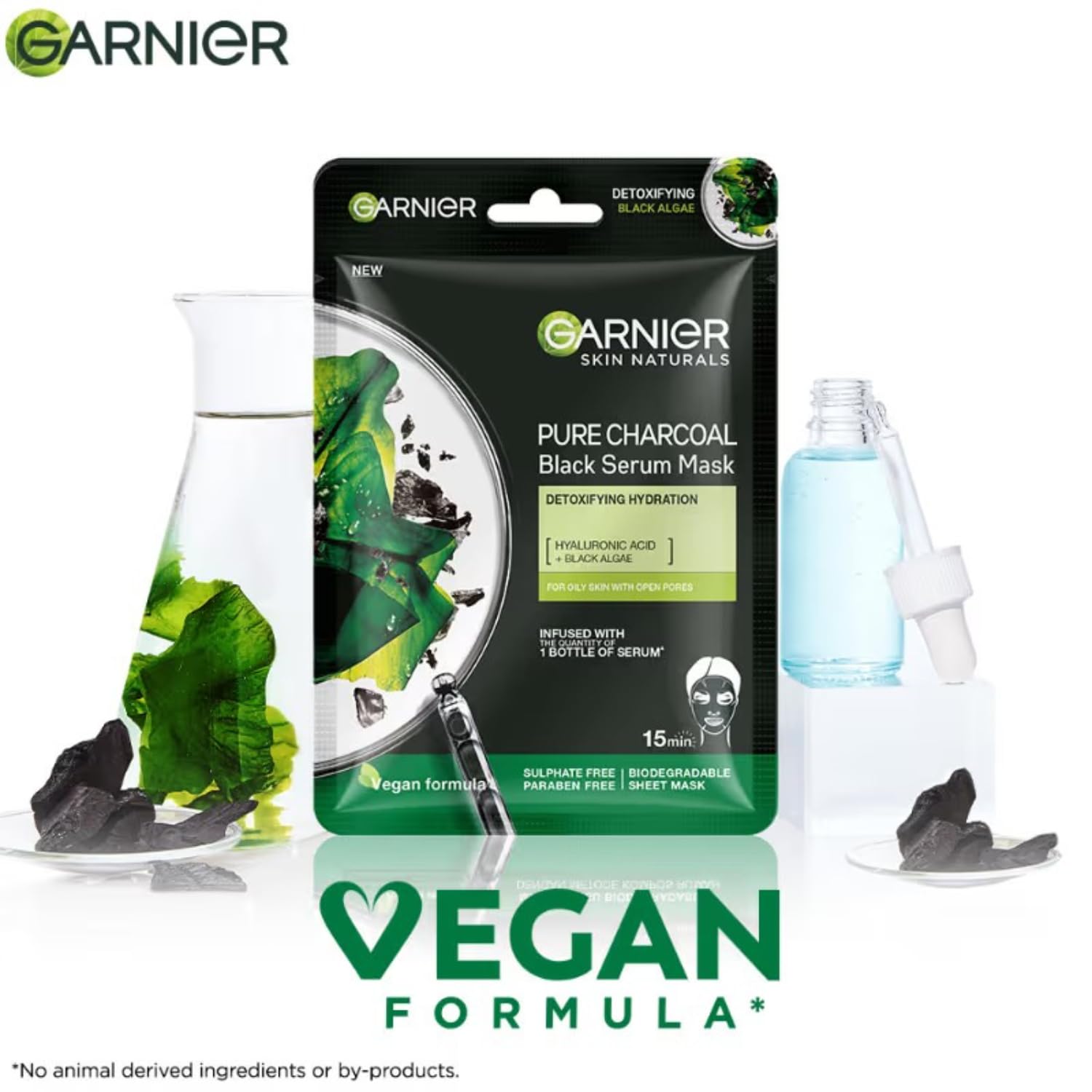 Garnier Skin Naturals Pure Charcoal Black Serum Face Mask - Hydrating & Detoxifying Sheet Mask for Glowing Skin, 1 pc (28g) | Bright Complete Face Mask for Hydration, Brightening & Dark Spot Treatment - Perfect for Spa Night & Self-Care Routine