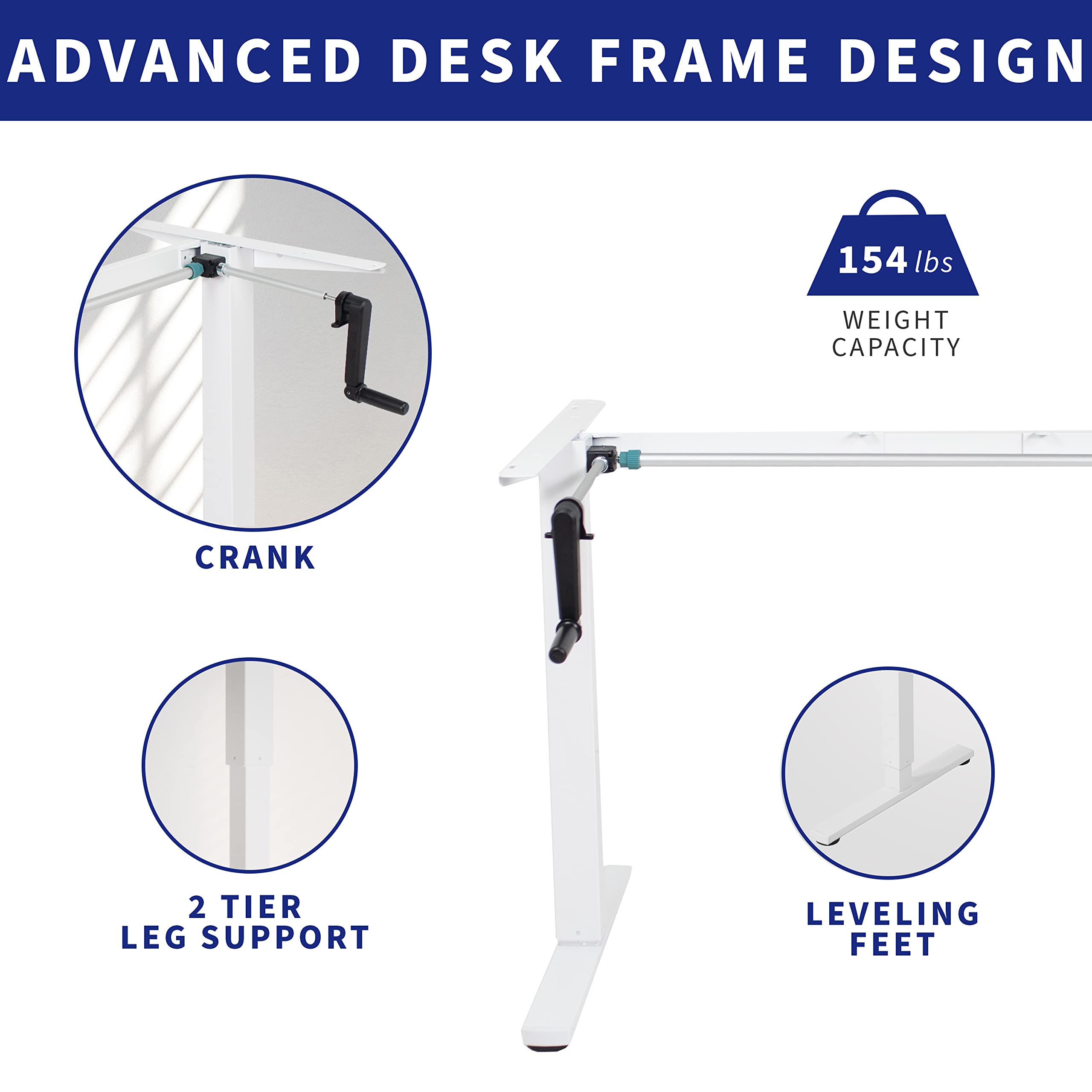 VIVO Compact Hand Crank Standing Desk Frame for 35-71 Inch Table Tops - Ergonomic Height Adjustable Base with Foldable Handle, White (DESK-M051MW) - Perfect for Home Office, Study & Workspace
