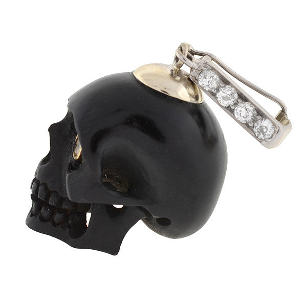14K Gold Carved Jet Skull Pendant with Diamonds - Gothic Jewelry for Women, Men - Perfect for Halloween, Cosplay & Alternative Fashion