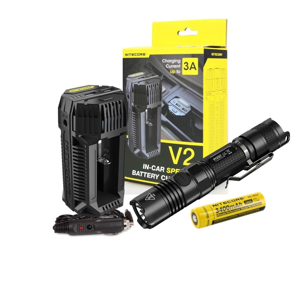 NITECORE P12GT CREE XP-L HI V3 LED Flashlight 1000 Lumens with V2 Car Charger - High Power Tactical Flashlight Bundle for Camping, Hiking, Emergency & Outdoor Adventures