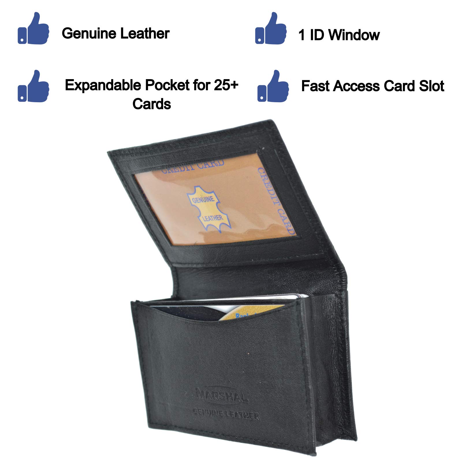 Genuine Leather Expandable Credit Card Holder - RFID Blocking Business Card Wallet with ID Window (070BK) - Perfect for Travel, Work & Everyday Use