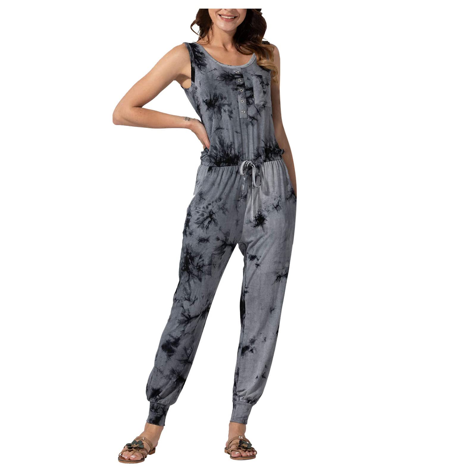 Tie-Dye Sleeveless Jumpsuit Dress for Women - Sexy Summer Sports Outfit with Button Front - Perfect for Gym, Yoga, Beach & Casual Wear