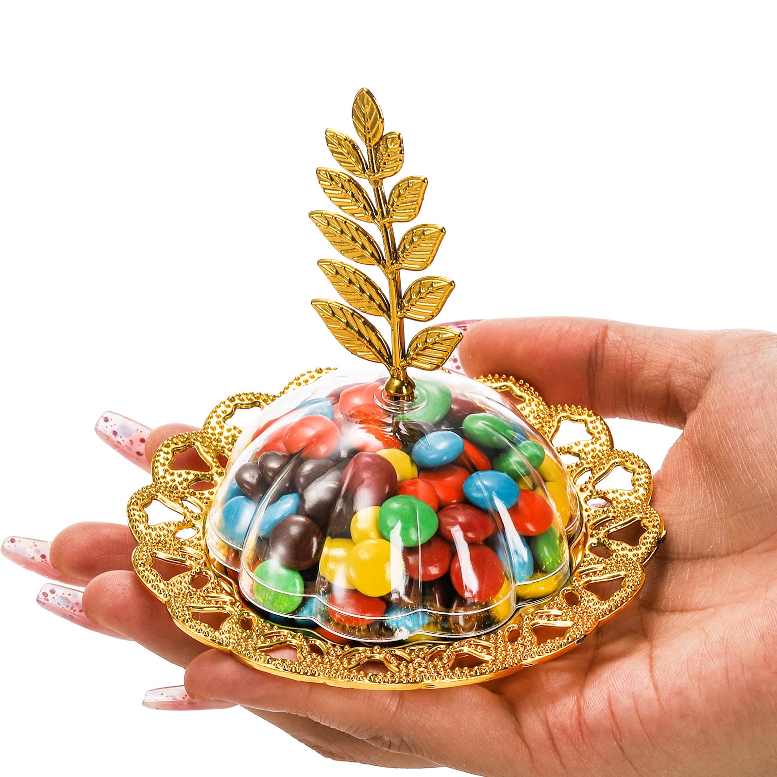 24 Pack Gold Decorative Plastic Candy Storage Containers with Leaf Dome - Fillable Party Favor Candy Boxes for Chocolates, Cake Desserts, Baby Showers & Birthday Parties - Perfect for Wedding Favors, Holiday Treats & Classroom Rewards