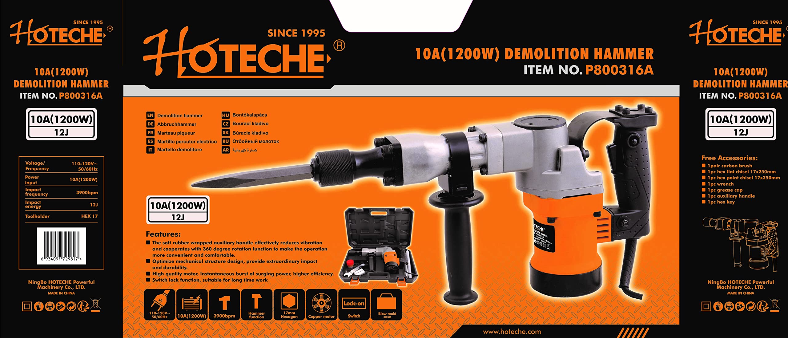HOTECHE P800316A 12J 1200W Electric Demolition Jack Hammer - Heavy Duty Concrete Breaker for Construction, Road Repair & DIY Demolition Projects