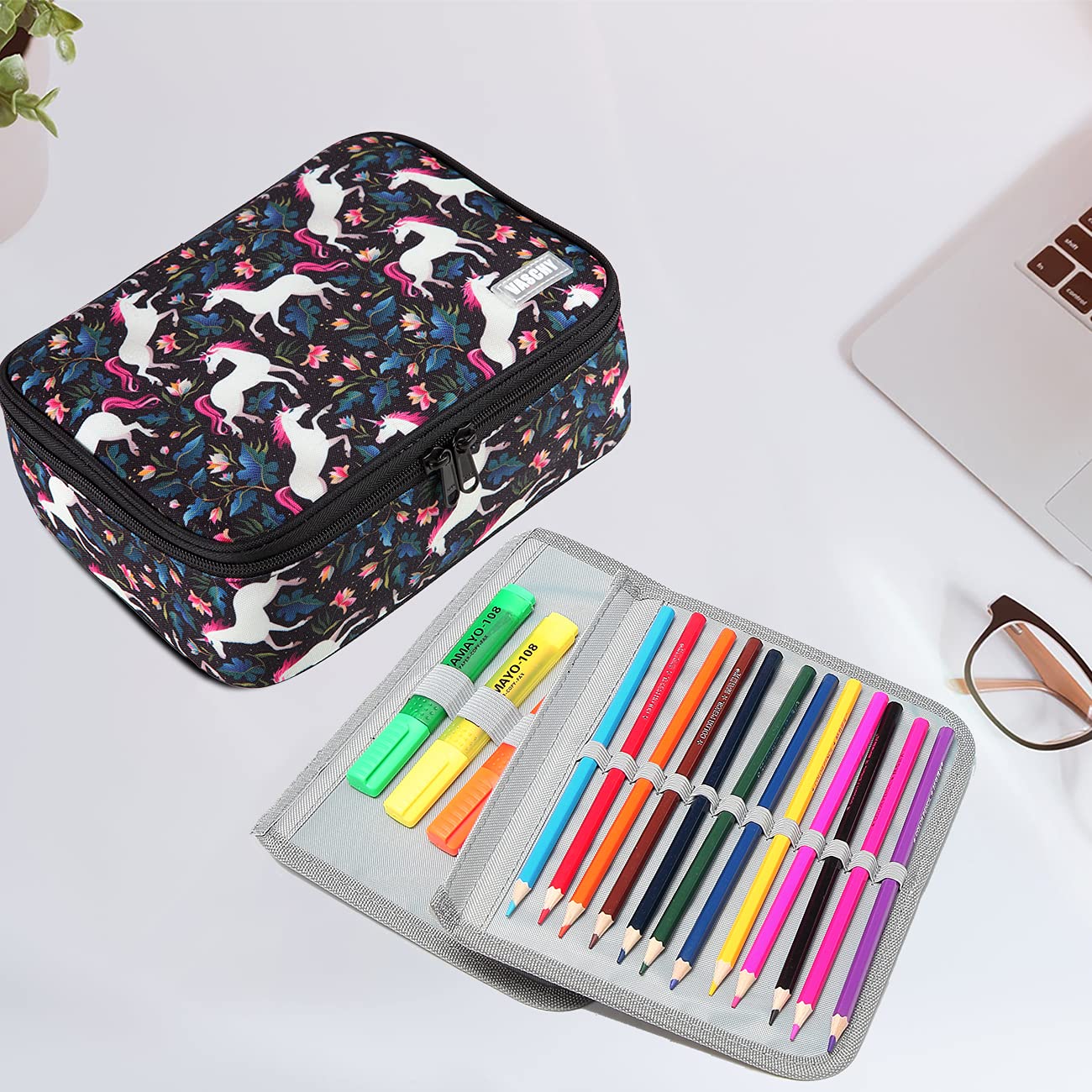 VASCHY Large Pencil Case with Detachable Pockets - for Art Supplies & School Stationery Organization - Black Unicorn Design
