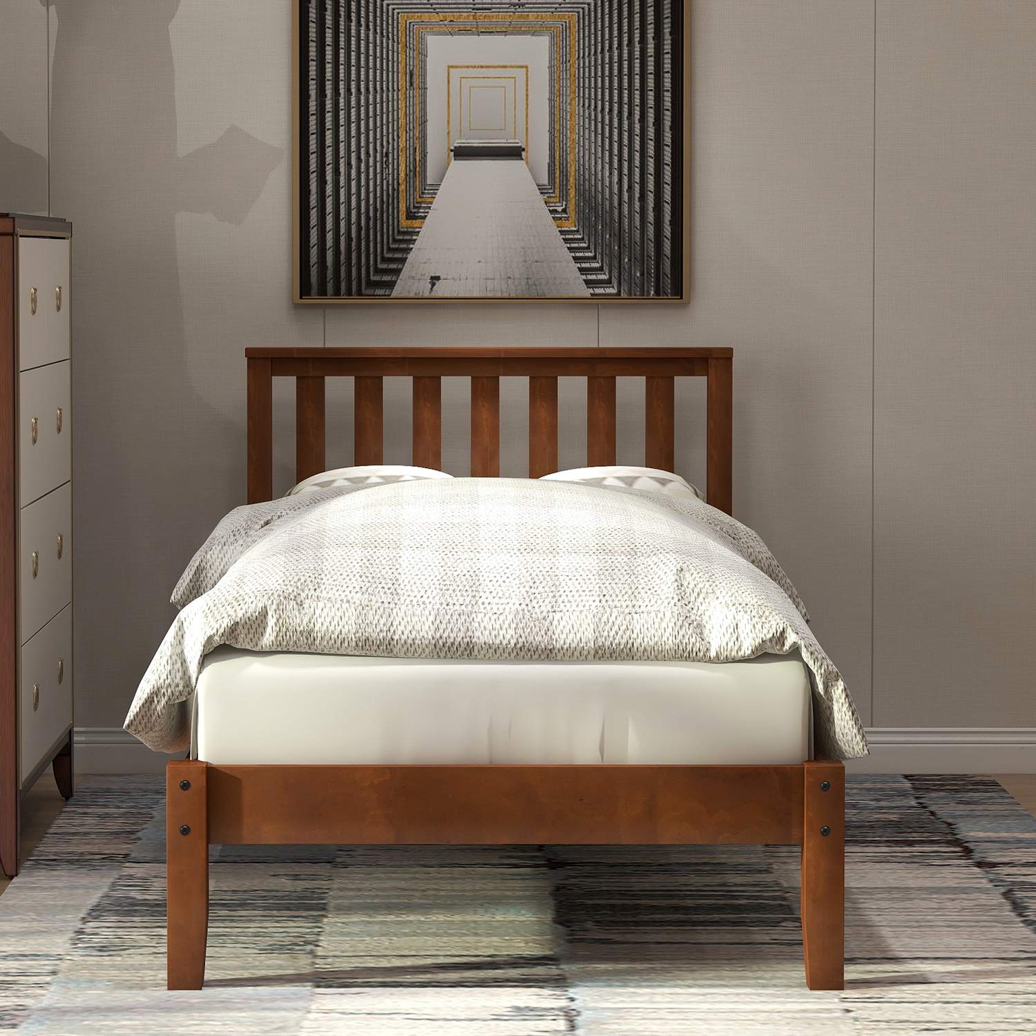 Danxee Solid Wood Twin-Size Bed Frame with Headboard & Wood Slat Support - Sturdy Platform Bed with Mattress Foundation for Kids & Teens (Walnut) - Perfect for Bedrooms, Dorms & Guest Rooms