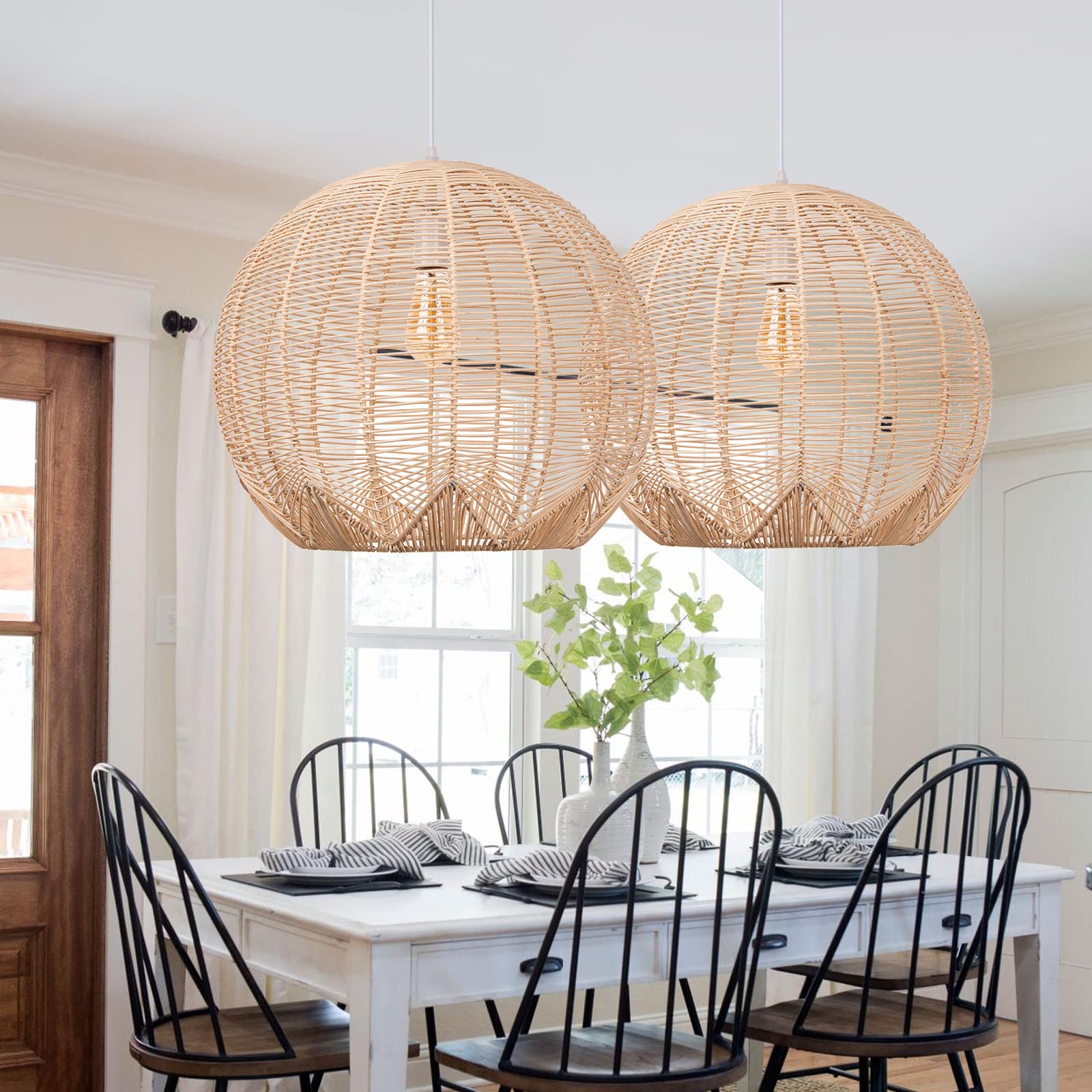 WalmHomie Handwoven Rattan Pendant Light - Natural Wicker Chandelier for Kitchen Island, Dining Room & Coffee Bar | Boho Ceiling Hanging Fixture for Farmhouse & Modern Decor