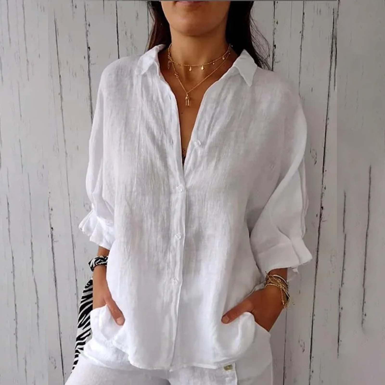 Women's Button Down V-Neck Chiffon Blouse - 3/4 Sleeve Loose Fit Linen Shirt for Work & Casual Wear | Oversized Collared Top for Office, Date Night & Summer Outfits