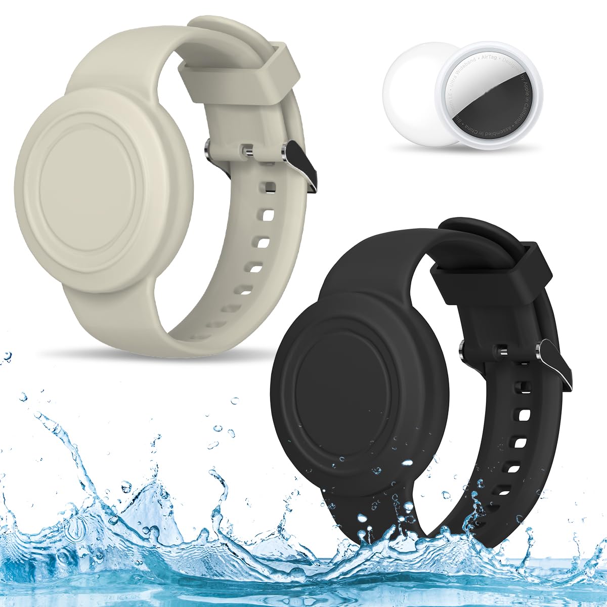 2-Pack Waterproof AirTag Bracelet for Kids & Adults - Soft Silicone Hidden Holder with Full Coverage Design - Compatible with Apple AirTag (Black & Off-White) - Perfect for Child Safety, Travel & Pet Tracking