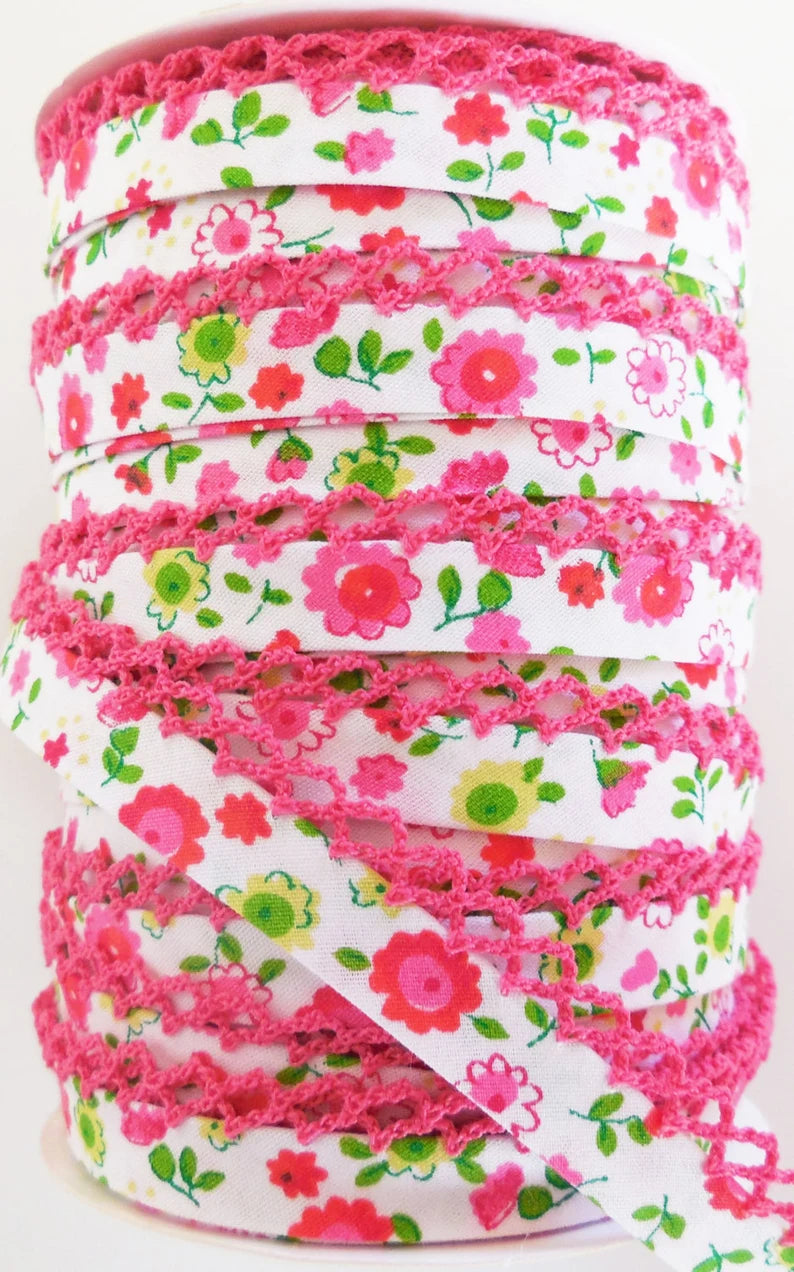 Fuchsia Floral Double Fold Lace Bias Tape - 1 Yard for Sewing, Quilting & DIY Crafts - Perfect for Dressmaking, Scarf Edging & Home Decor Projects