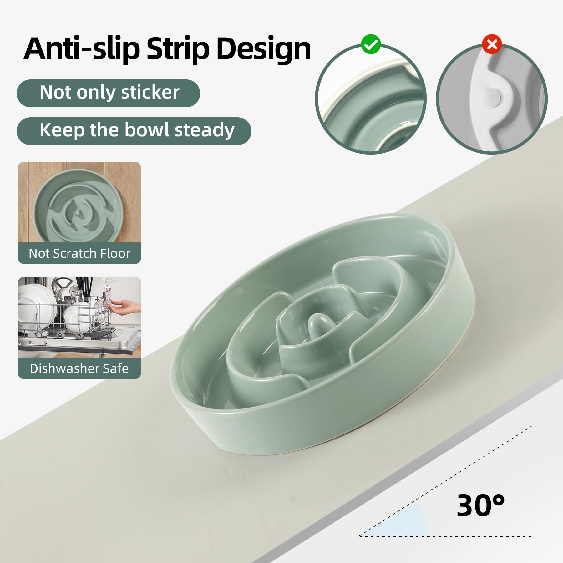 8.2 Inch Ceramic Slow Feeder Dog Bowl for Medium & Large Breeds - Anti-Gulping Puzzle Food Dish to Prevent Bloat & Choking - Light Green Pet Bowl for Healthy Eating - Perfect for Fast Eaters & Mealtime Enrichment