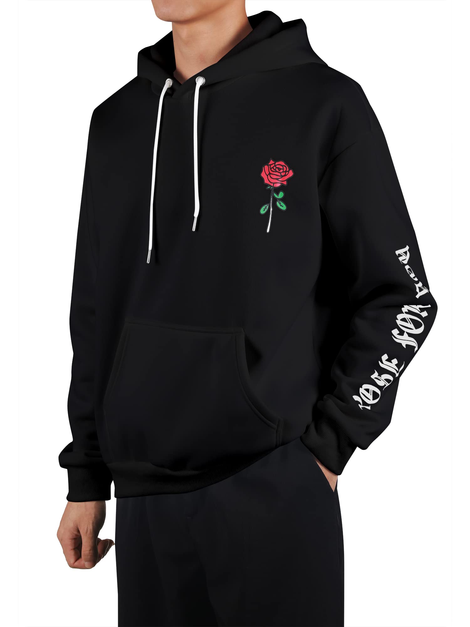 ZAFUL Men's Fleece Hoodie - Unisex Rose Letter Graphic Pullover Sweatshirt with Kangaroo Pockets | Cozy Winter Wear for Outdoor Activities & Casual Street Style