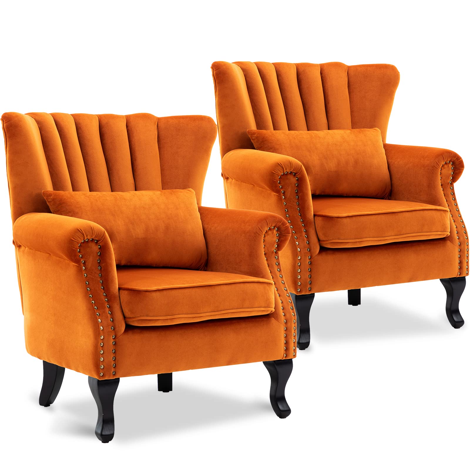 LZAREAL Mid Century Modern Accent Reading Arm Chairs Set of 2 - Tufted Wingback Club Chairs with Velvet Upholstery in Orange for Living Room, Bedroom & Reception Areas - Perfect for Reading Nooks, Lounge Spaces & Waiting Rooms