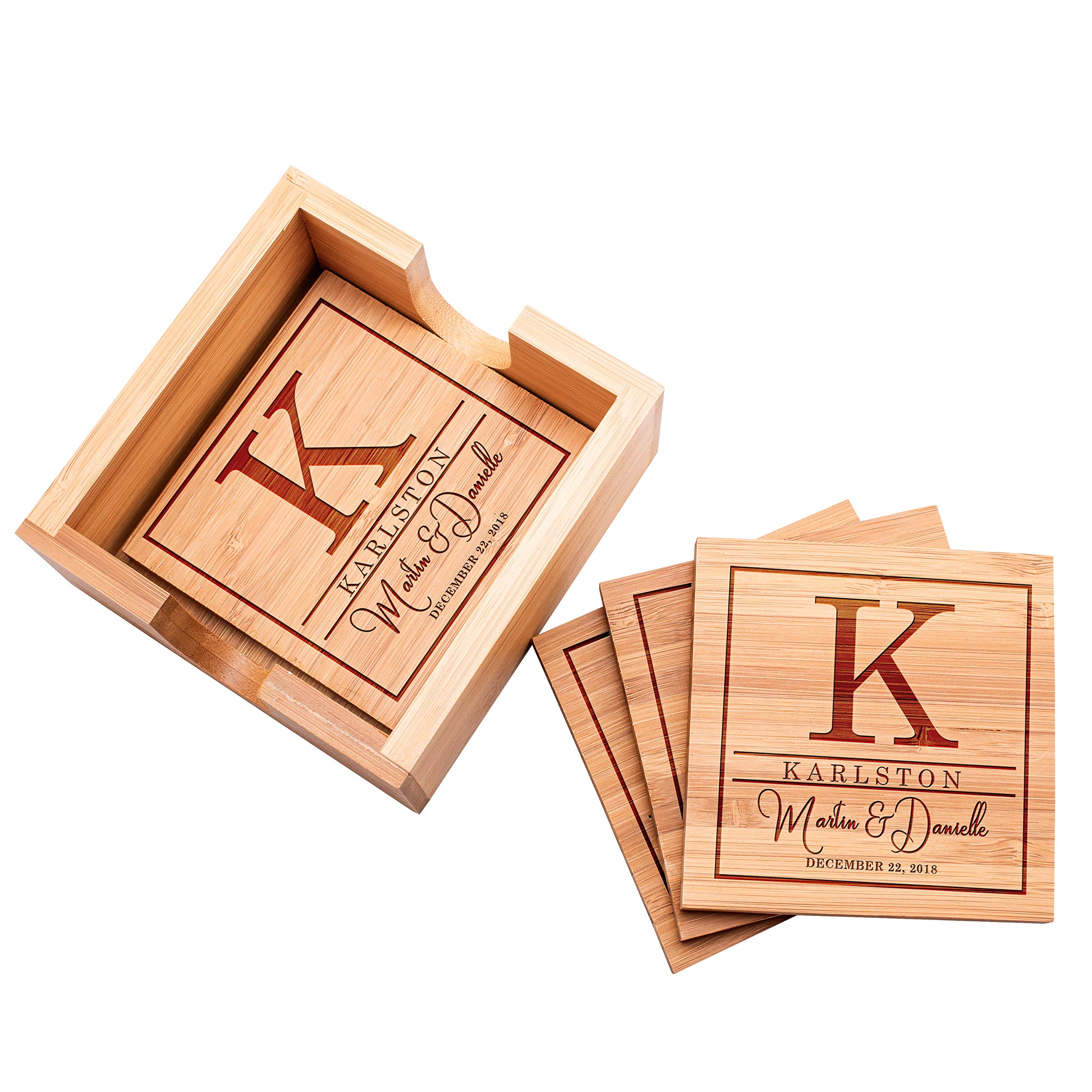4-Pack Personalized Engraved Bamboo Coasters Set with Holder - Custom Wood Drink Coasters for Coffee Table - Unique Housewarming Gift for New Home - Perfect for Parties, Weddings & Home Decor