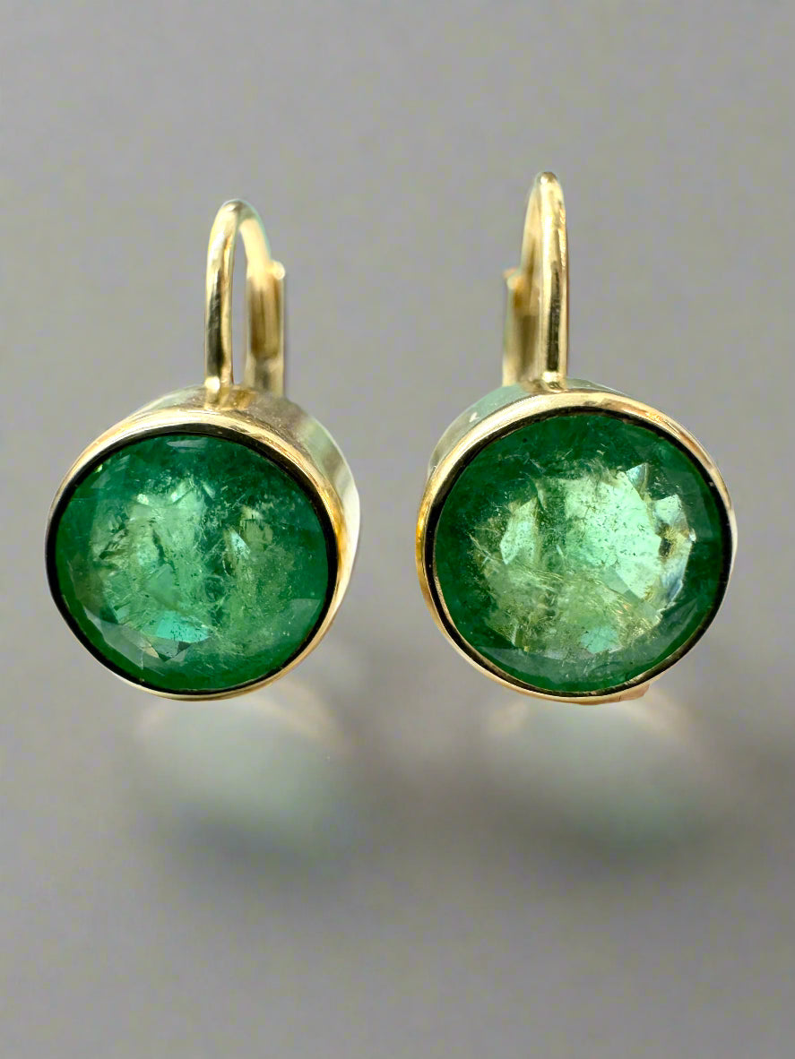 2.30tcw Round Emerald Bezel Leverback Earrings in 14K Gold - Elegant Dangle Earrings for Women, Perfect for Weddings, Parties & Special Occasions