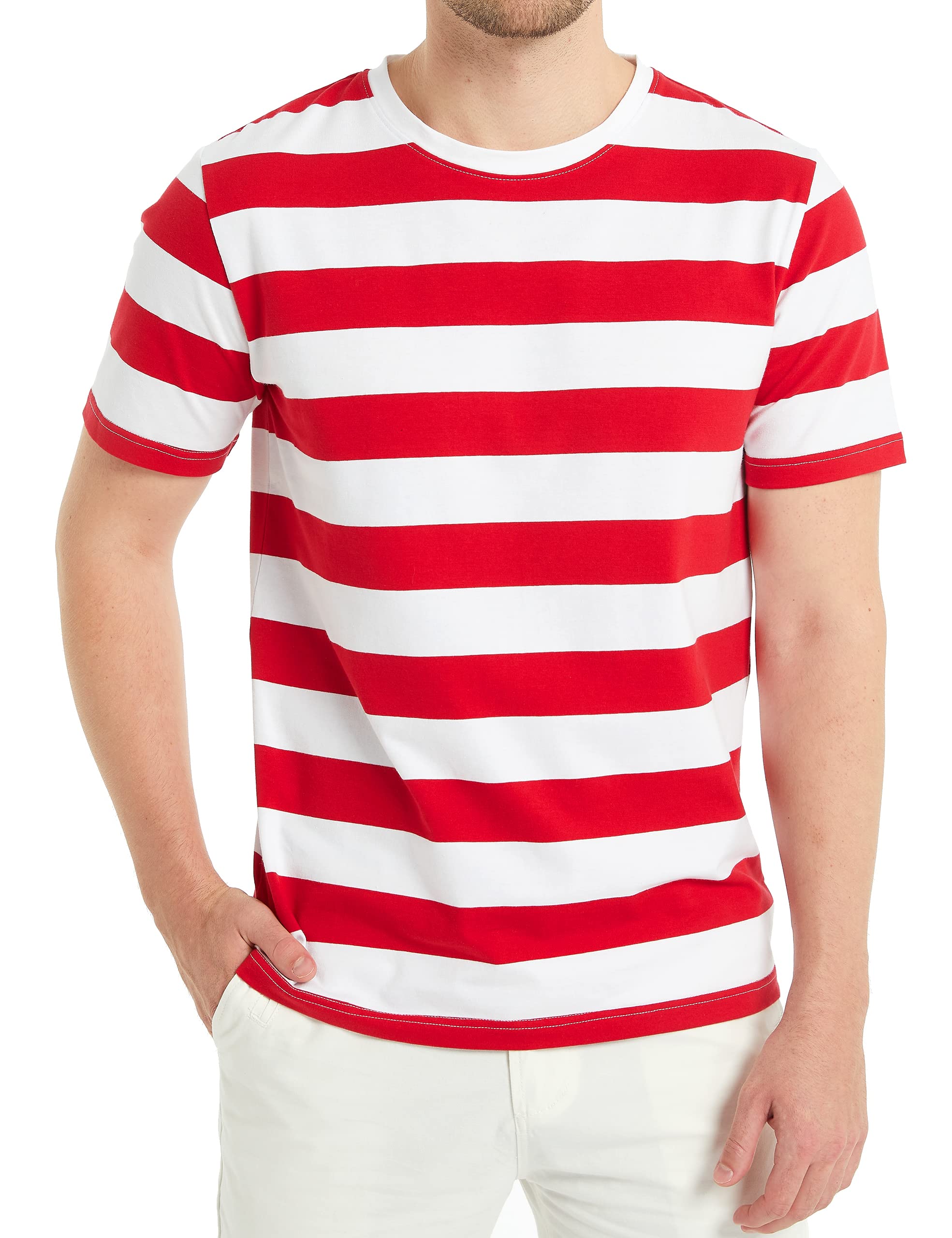 SSLR Men's Short Sleeve Striped T-Shirt - Red & White Crewneck Lightweight Casual Tee for Everyday Wear, Summer Outfits & Street Style Fashion