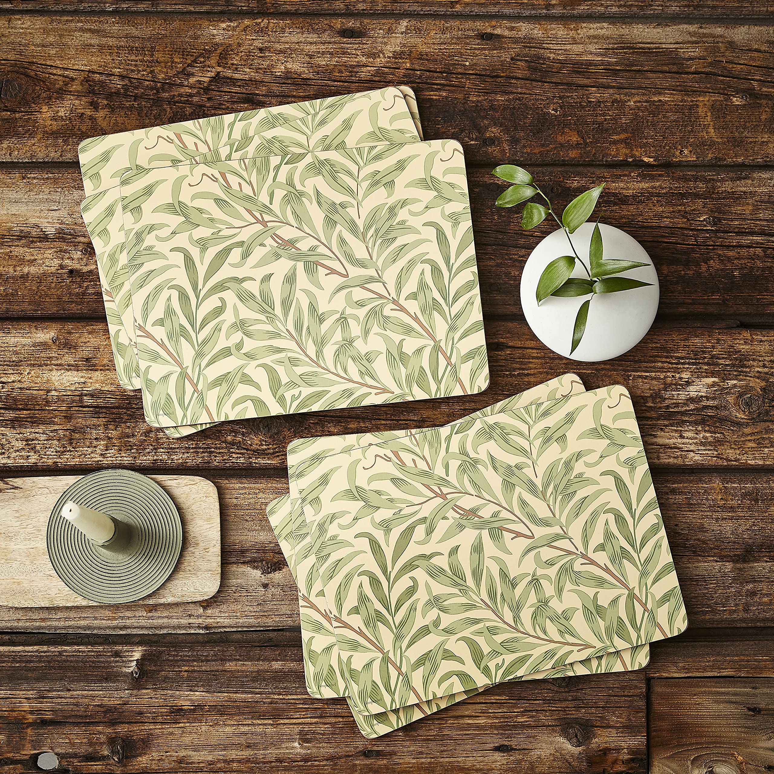 Portmeirion Willow Bough Green Placemats Set of 6 - Large Rectangular Table Mats for Dining Room, Kitchen, and Formal Dinner Parties