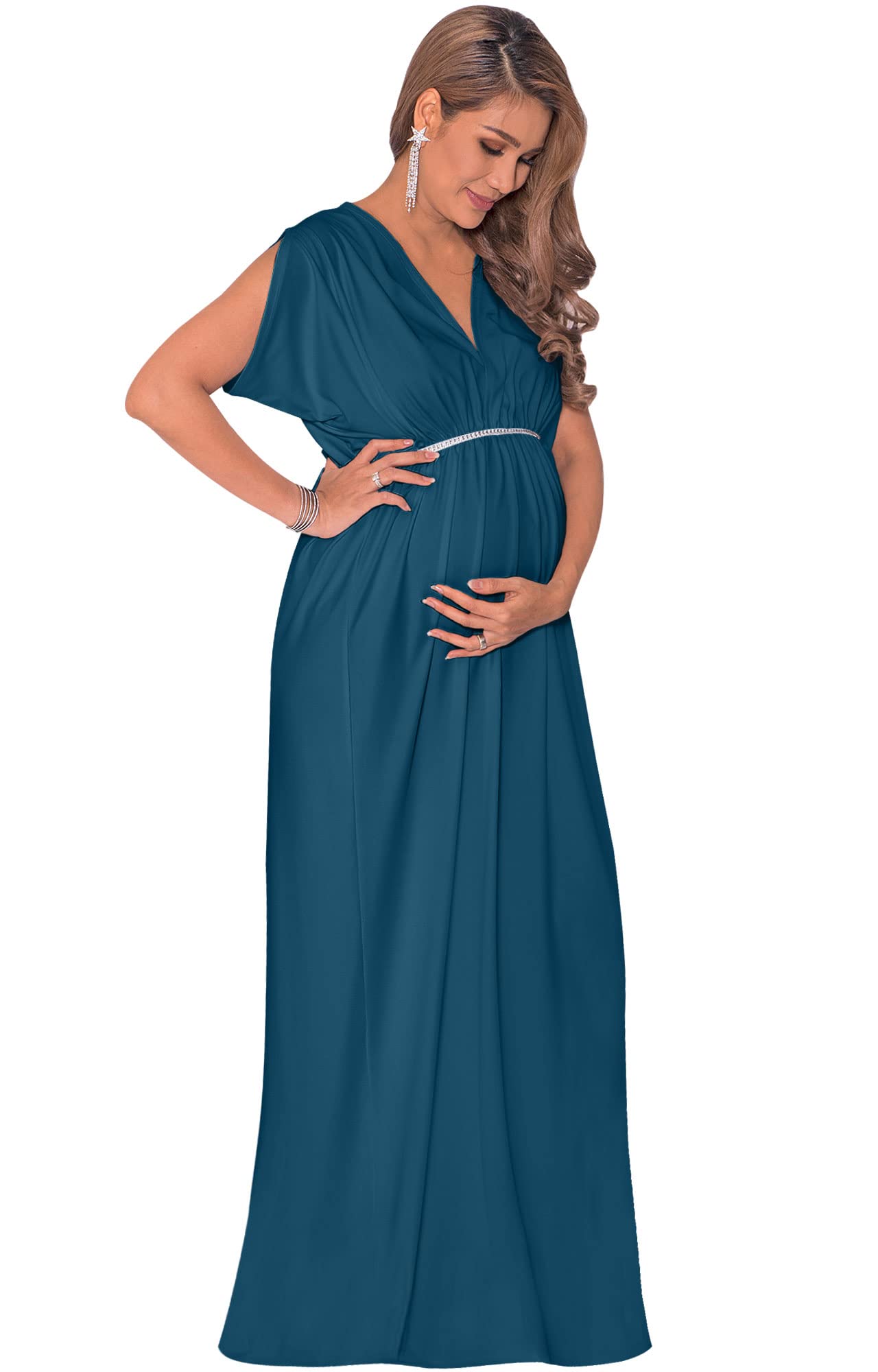 KOH KOH Women's Maternity Maxi Dress - Long & Short Sleeve V-Neck Flowy Summer Gown for Pregnancy | Perfect for Beach Vacations, Baby Showers & Maternity Photoshoots