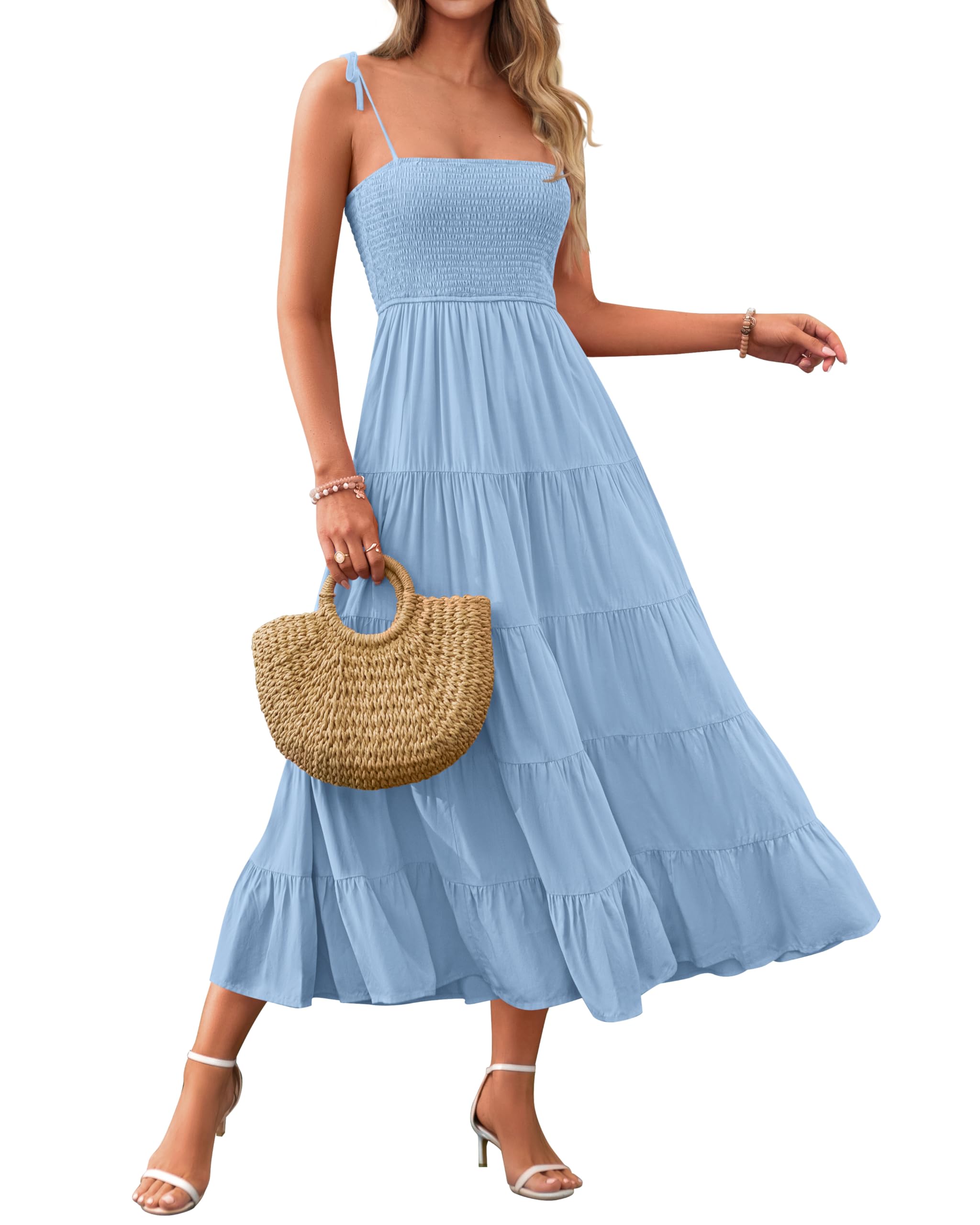 PRETTYGARDEN Women's Summer Dresses 2025 - Spaghetti Strap Sleeveless Backless Smocked A-Line Boho Flowy Midi Beach Dress for Vacation, Pool Party & Casual Outings